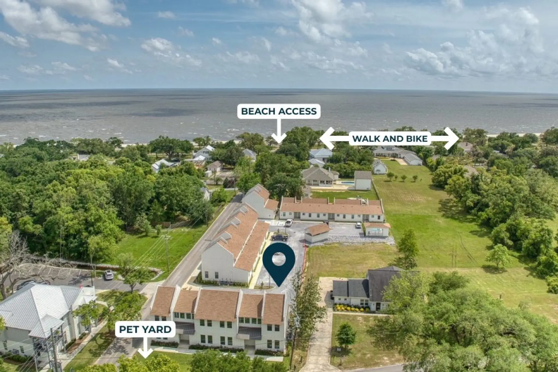 Aerial view with the beach nearby and downtown just minutes away