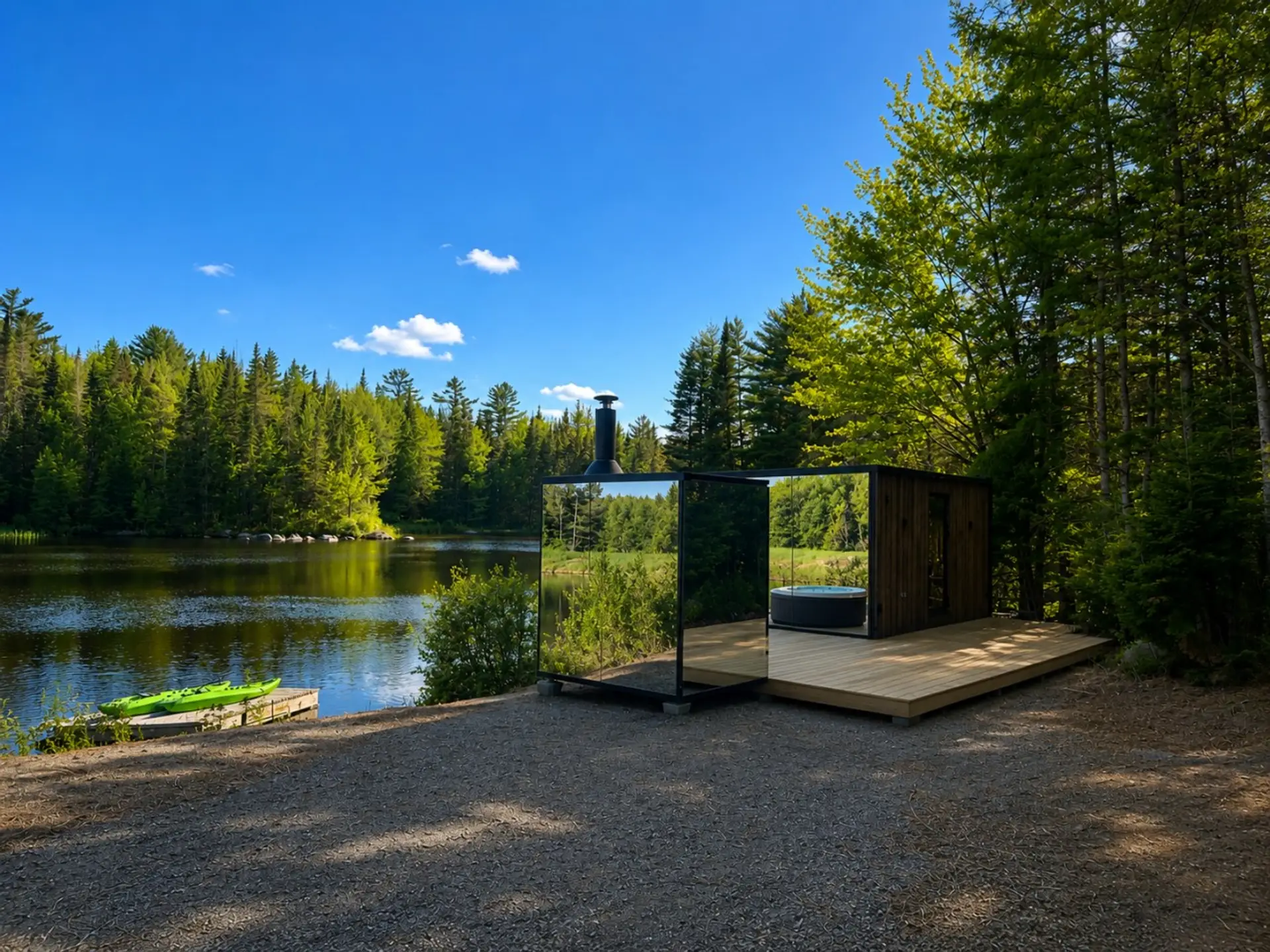 Blue Spruce Mirror House and Sauna with Pond View