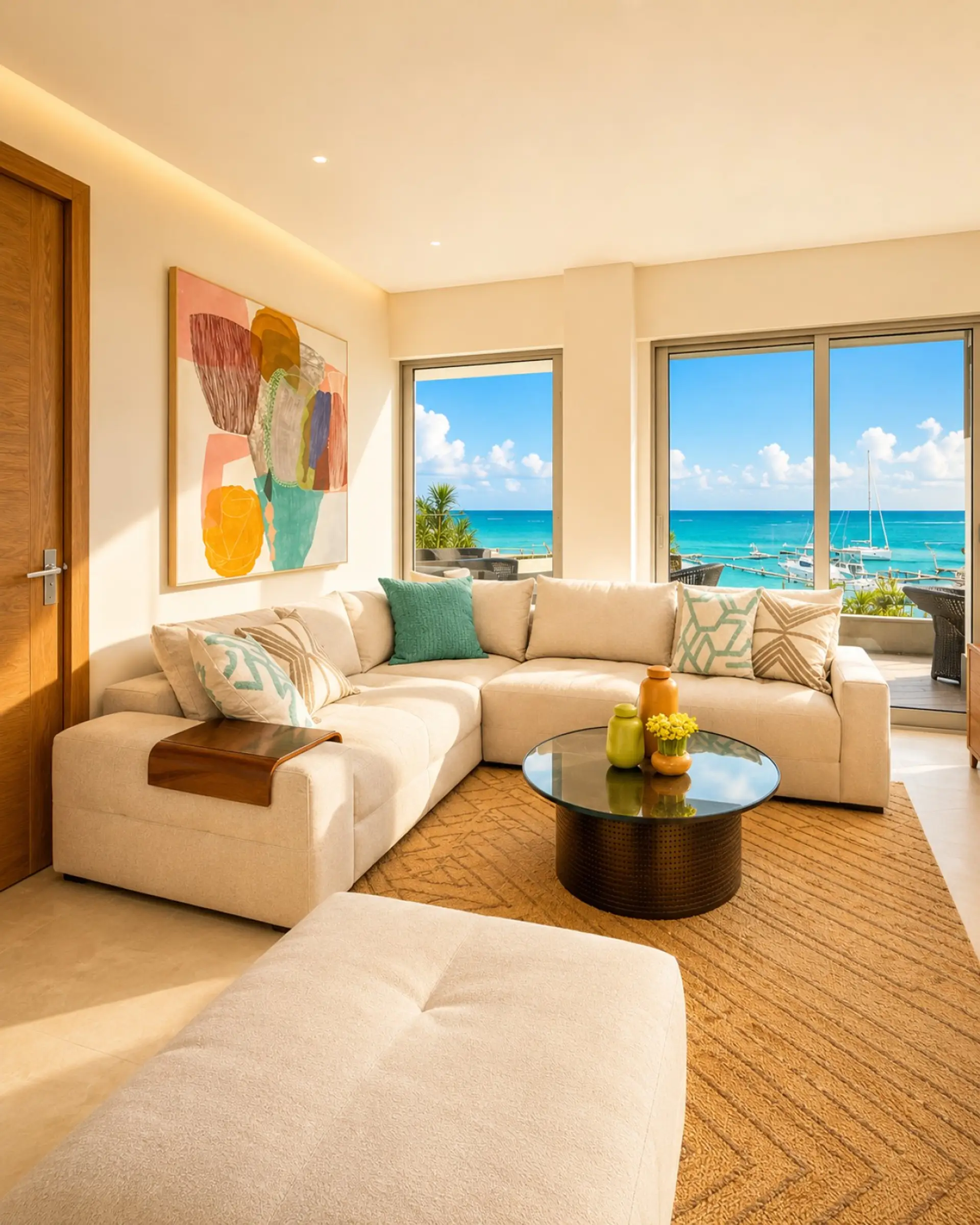 Elegant open-concept living room with custom lighting, oversized sectional seating, 86" TV, and seamless access to the balcony with tropical resort views.