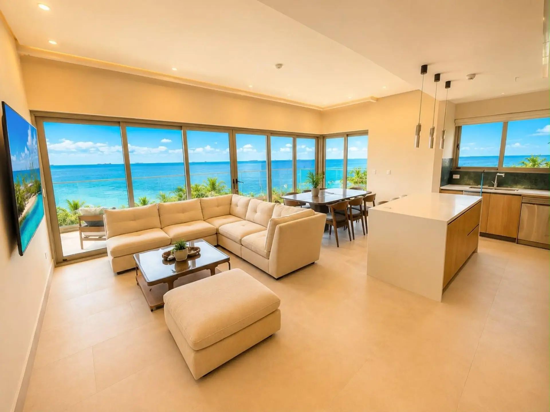 Bright living and dining area with floor-to-ceiling windows overlooking the Caribbean Sea.