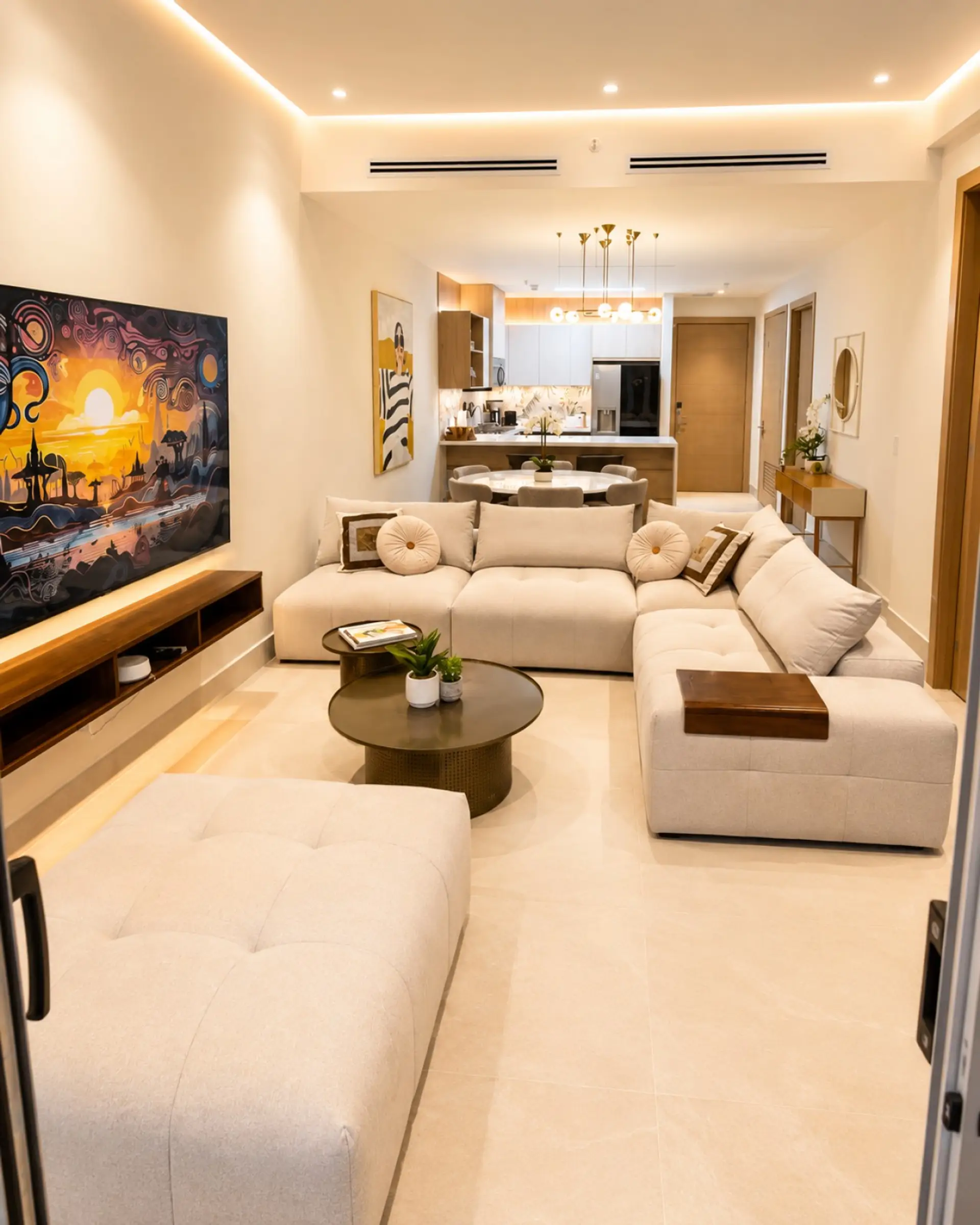 Modern living room featuring a spacious sectional sofa, Smart TV, and an open-concept design ideal for relaxing and gathering together.