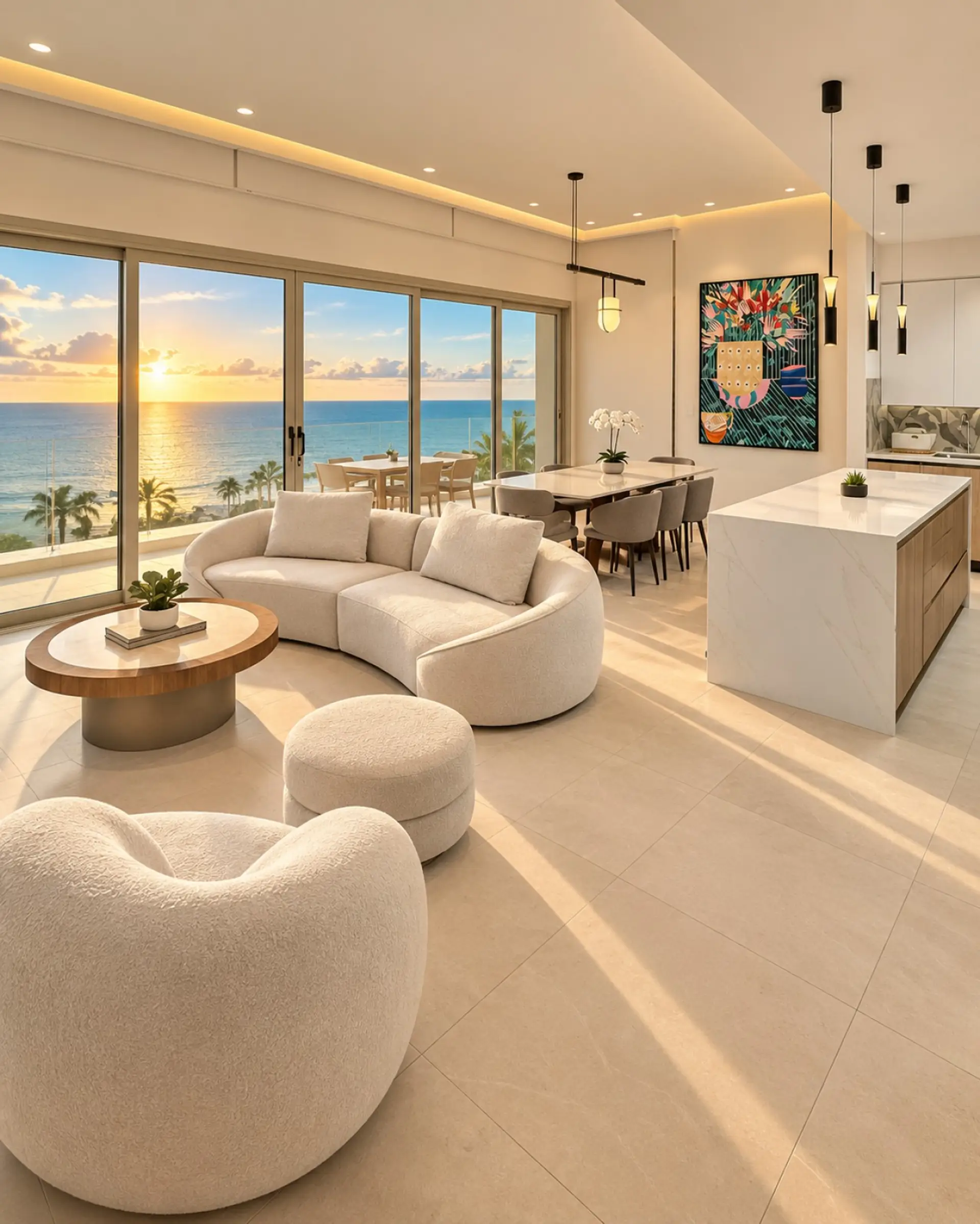 Bright living and dining area with floor-to-ceiling windows overlooking the Caribbean Sea.