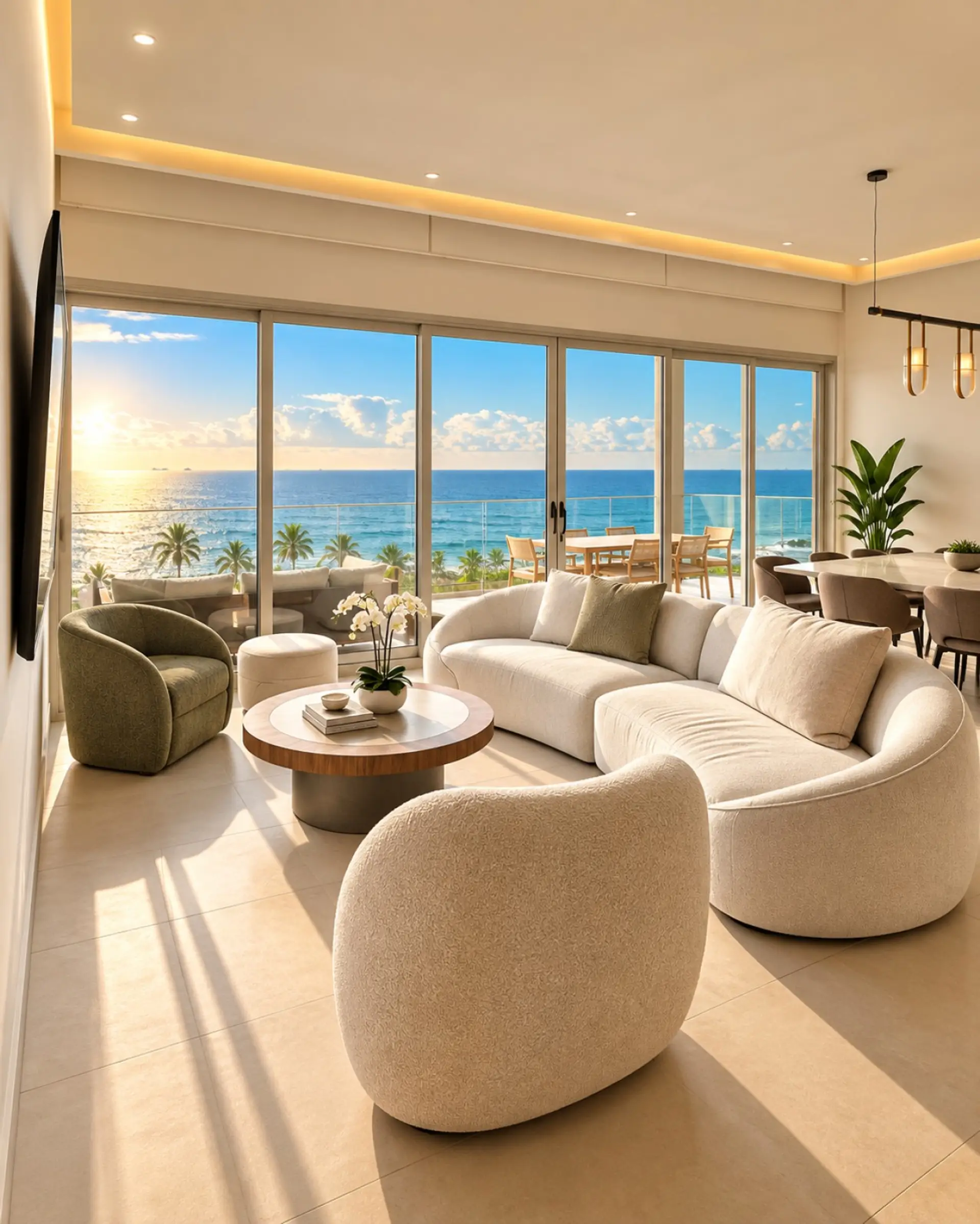 Bright living and dining area with floor-to-ceiling windows overlooking the Caribbean Sea.