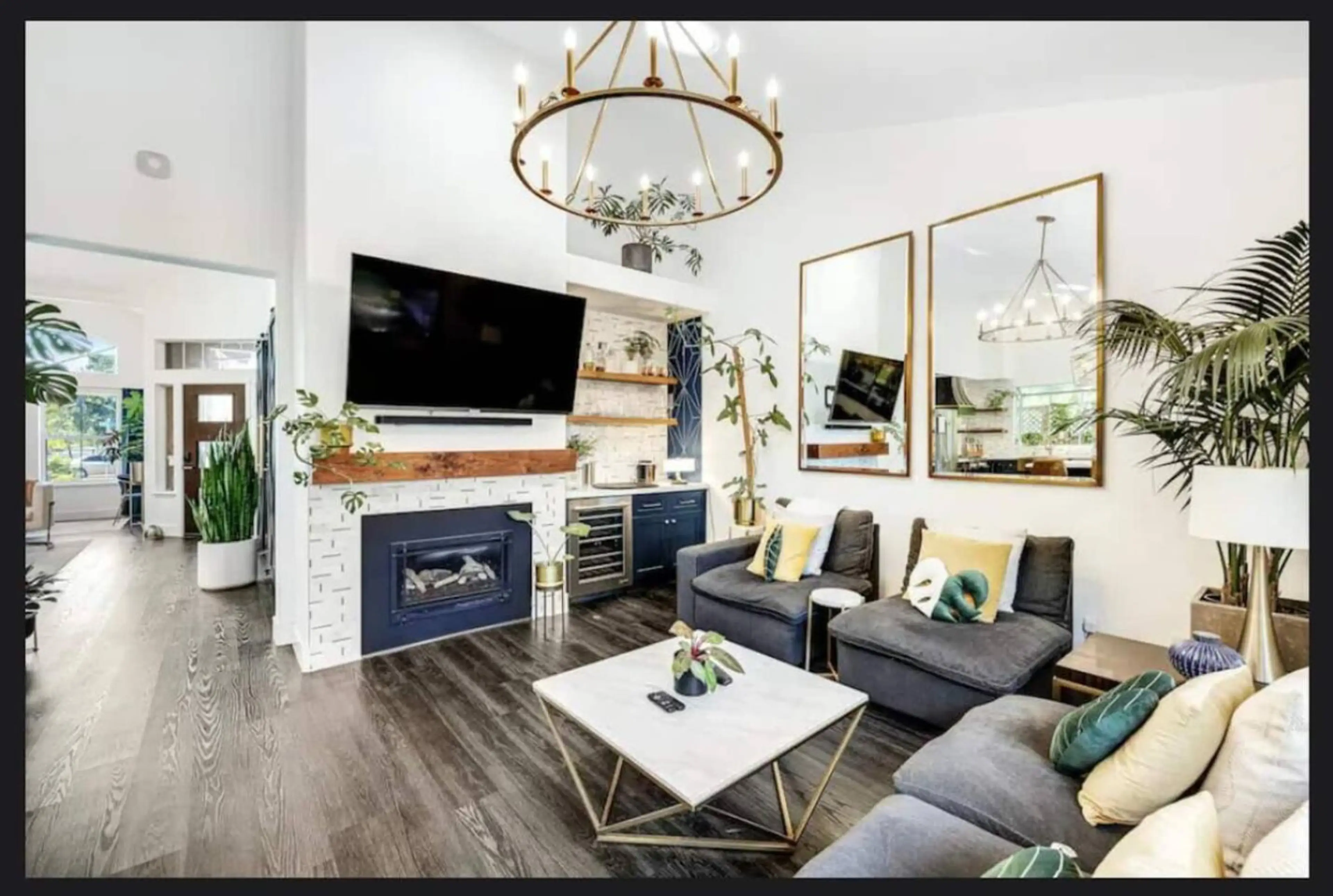 Cozy up and watch a movie around the fireplace