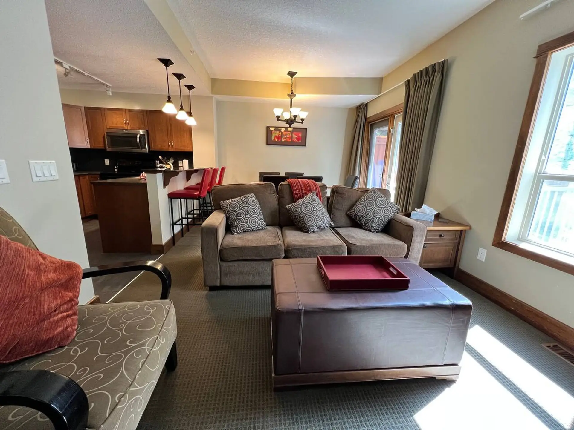 Open concept living room with fireplace. No sofa bed.