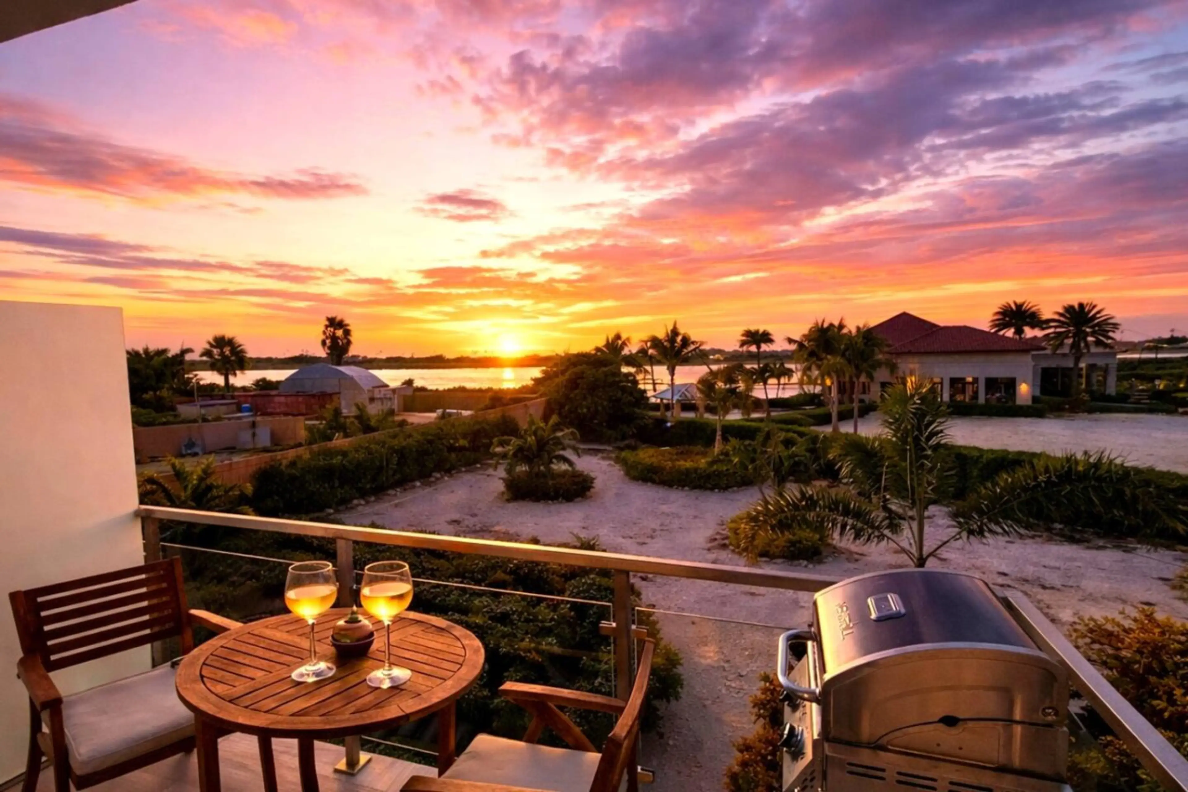 Luxury balcony sunset view at Gold Coast Aruba with outdoor dining