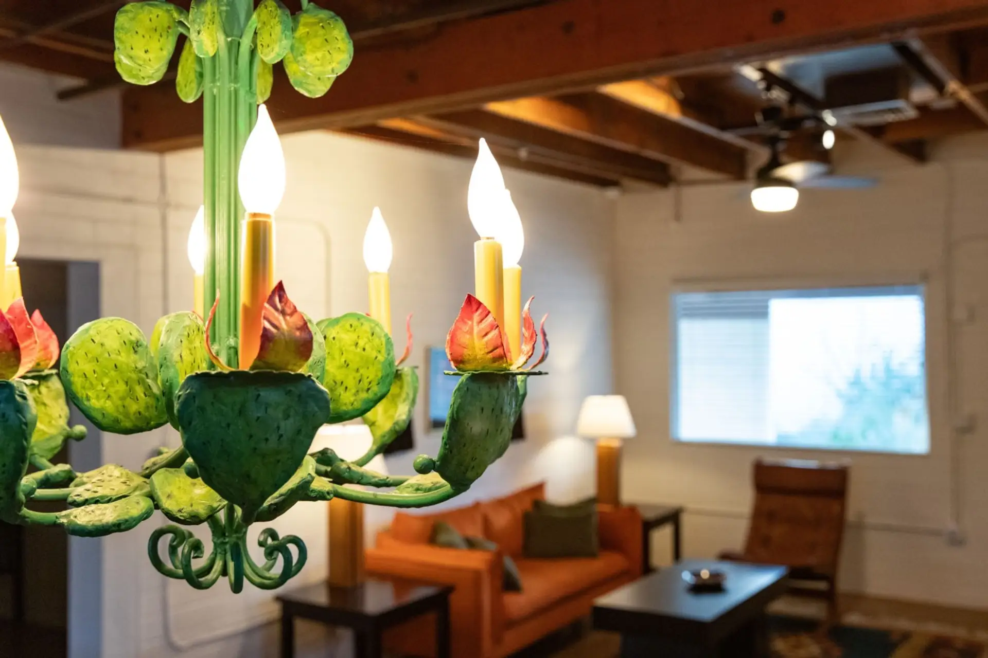 Handmade Prickly Pear chandelier in the dining area