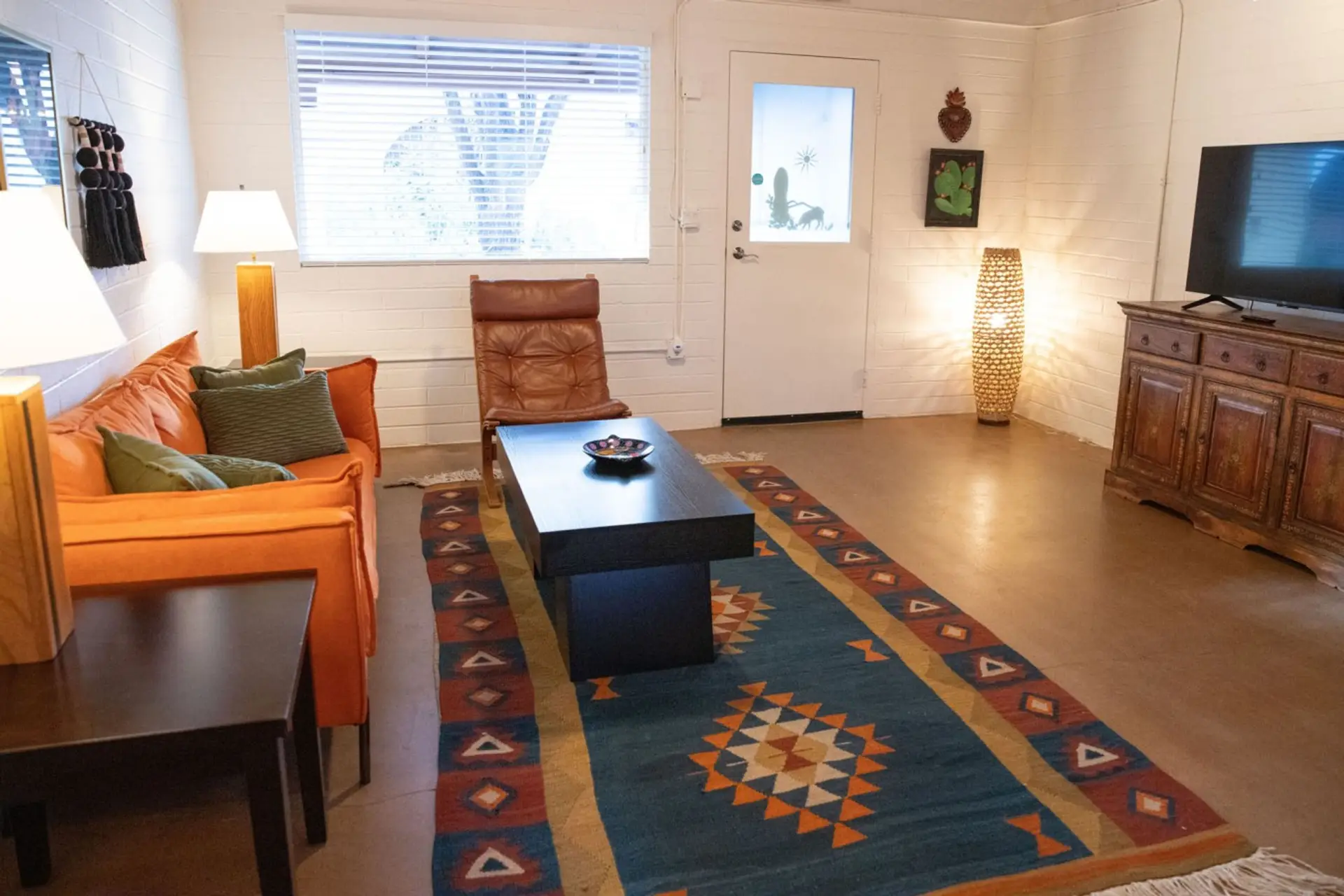 Living room and TV area in the Prickly Pear Casita