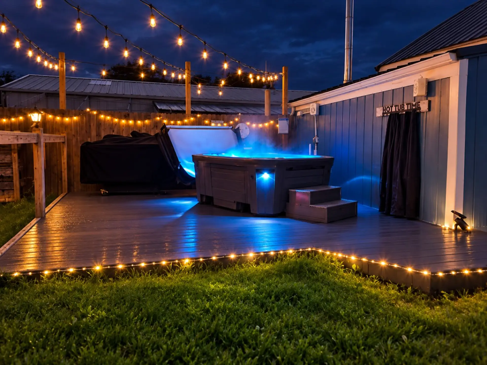 Your private backyard retreat  Unwind in the hot tub beneath glowing string lights, with a spacious deck designed for relaxing evenings together.