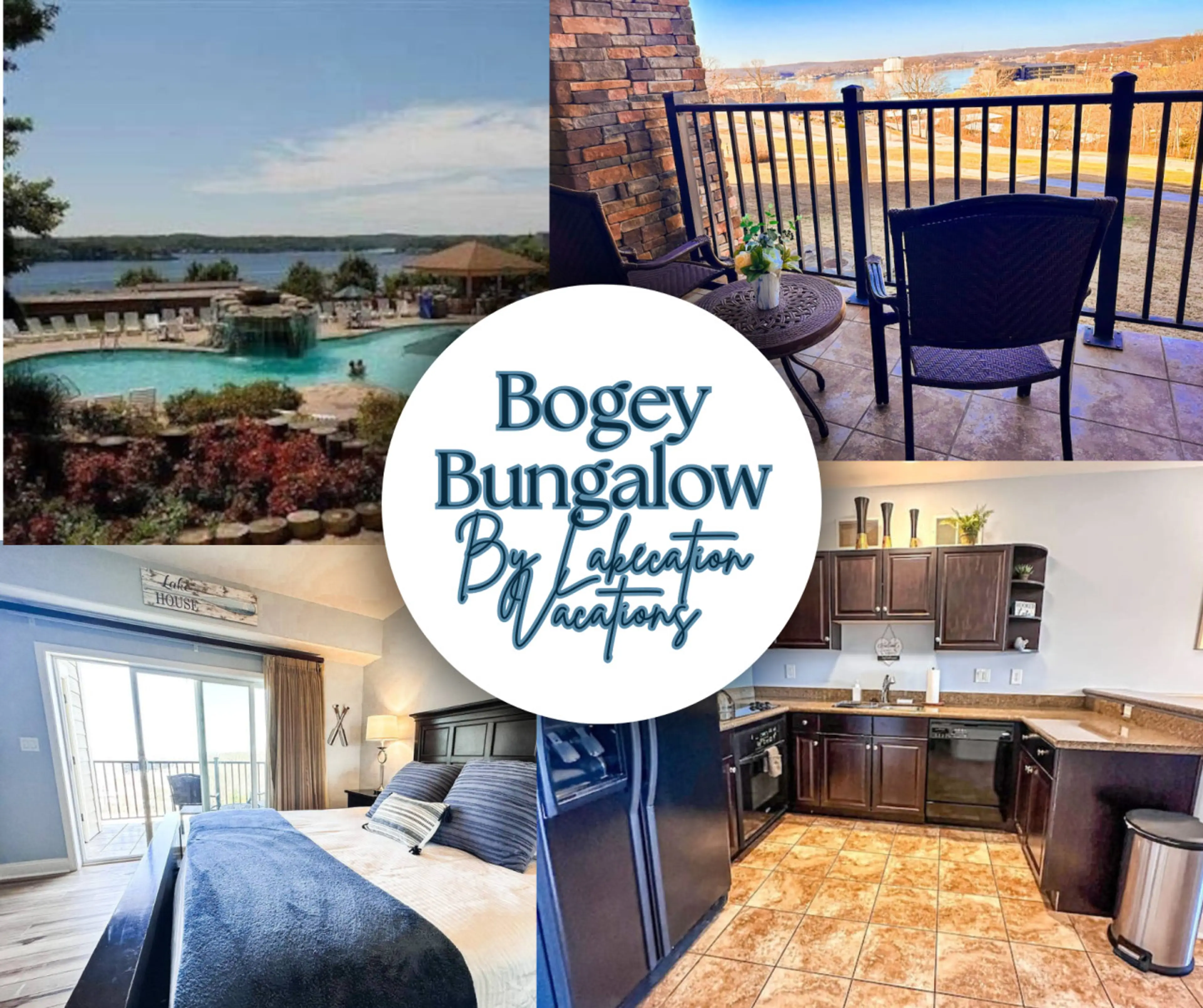 Lakeview golf retreat with resort pools, private balcony, modern kitchen, and cozy bungalow comfort