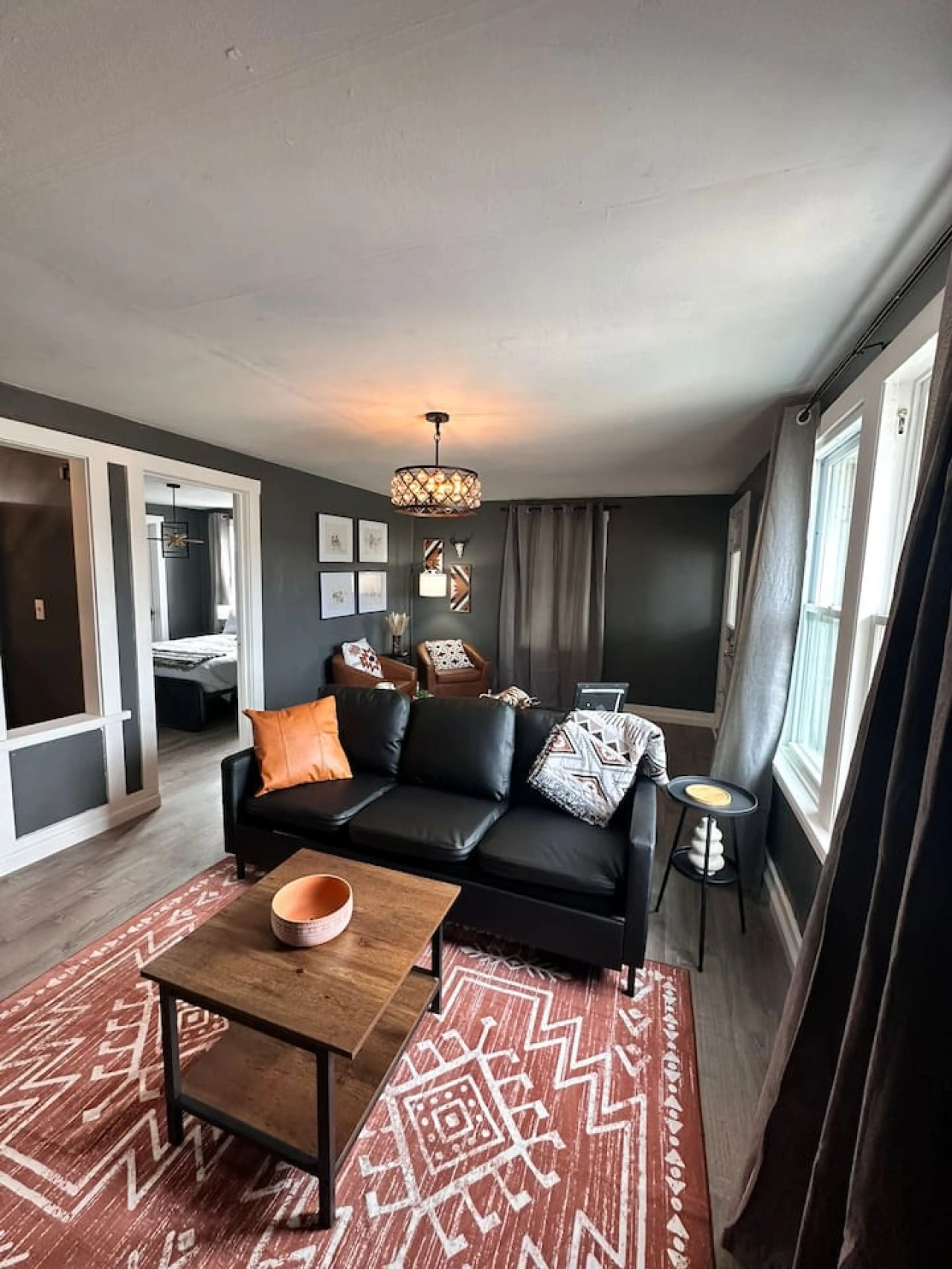 View from the main living area looking into the bedroom and reading nook.