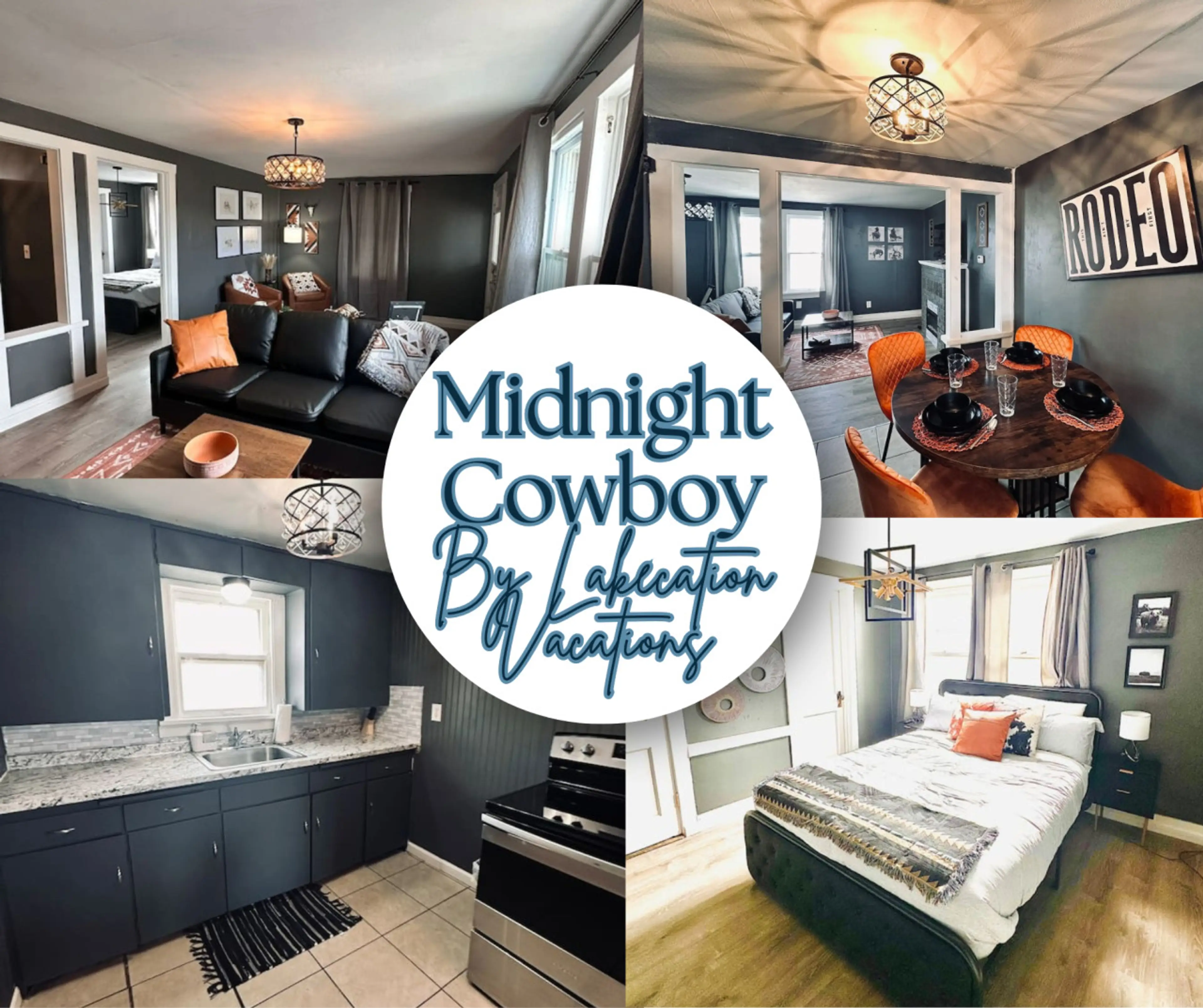 Modern cowboy-themed retreat with stylish interiors, full kitchen, and cozy bedrooms