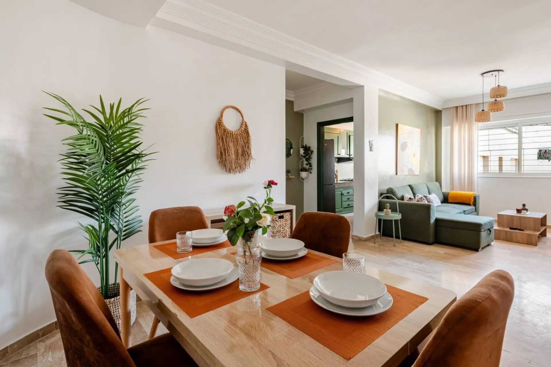 Dining area with tableware and seating