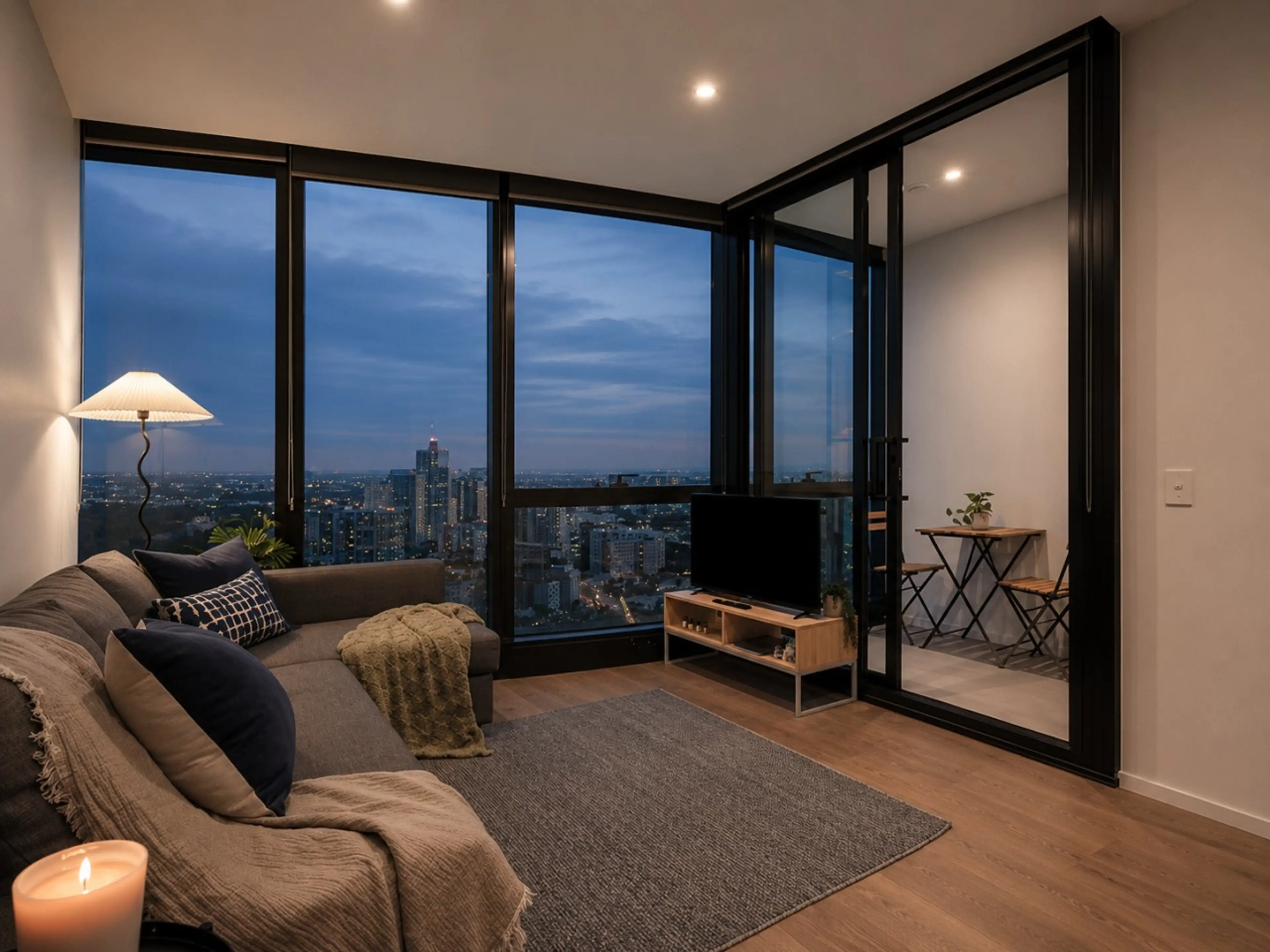 The living room is adorned with gorgeous views, a smart TV and a sofa bed (setup available on request).