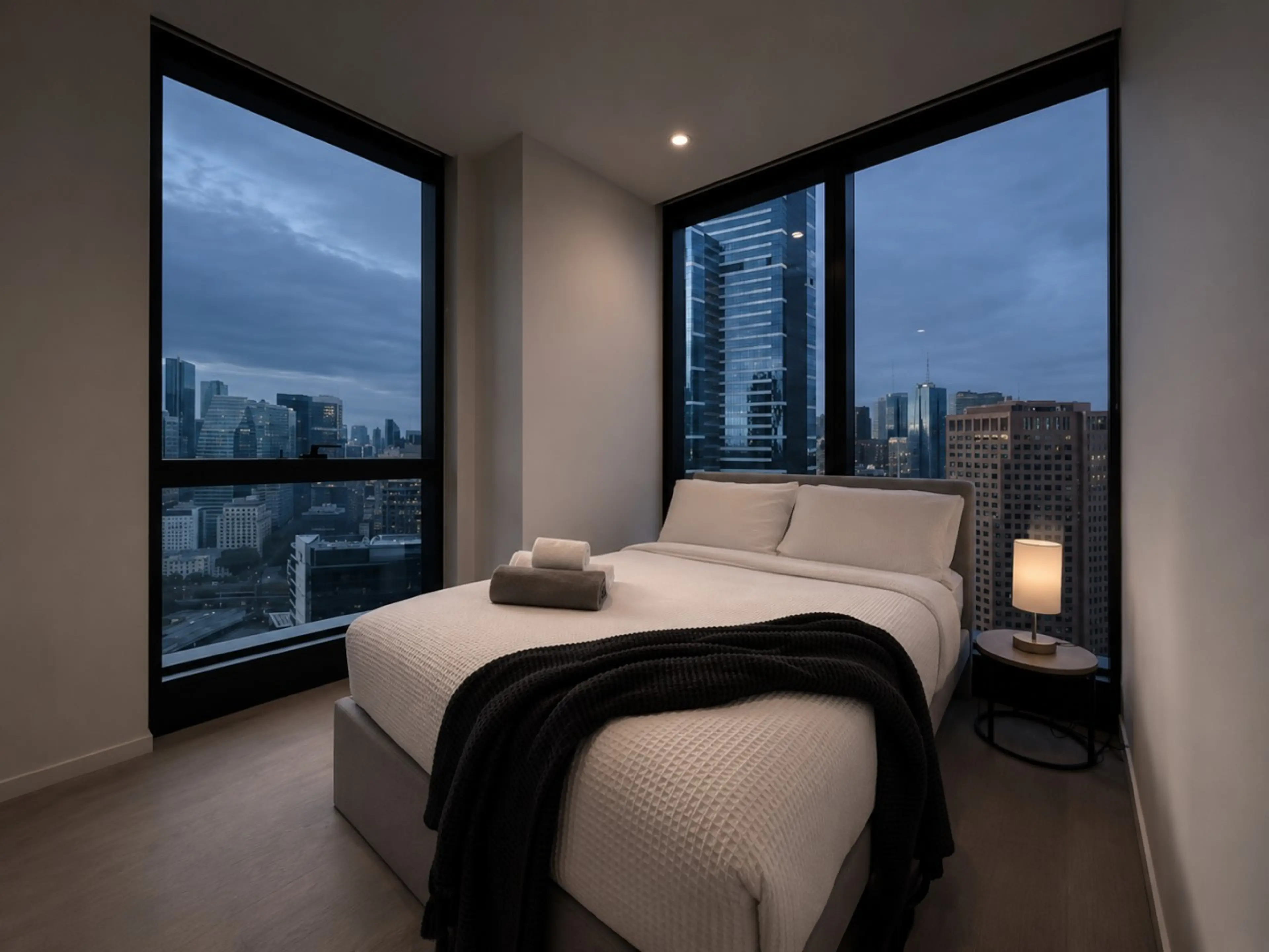 Sleep amidst corner views of the city skyline in the master bedroom.