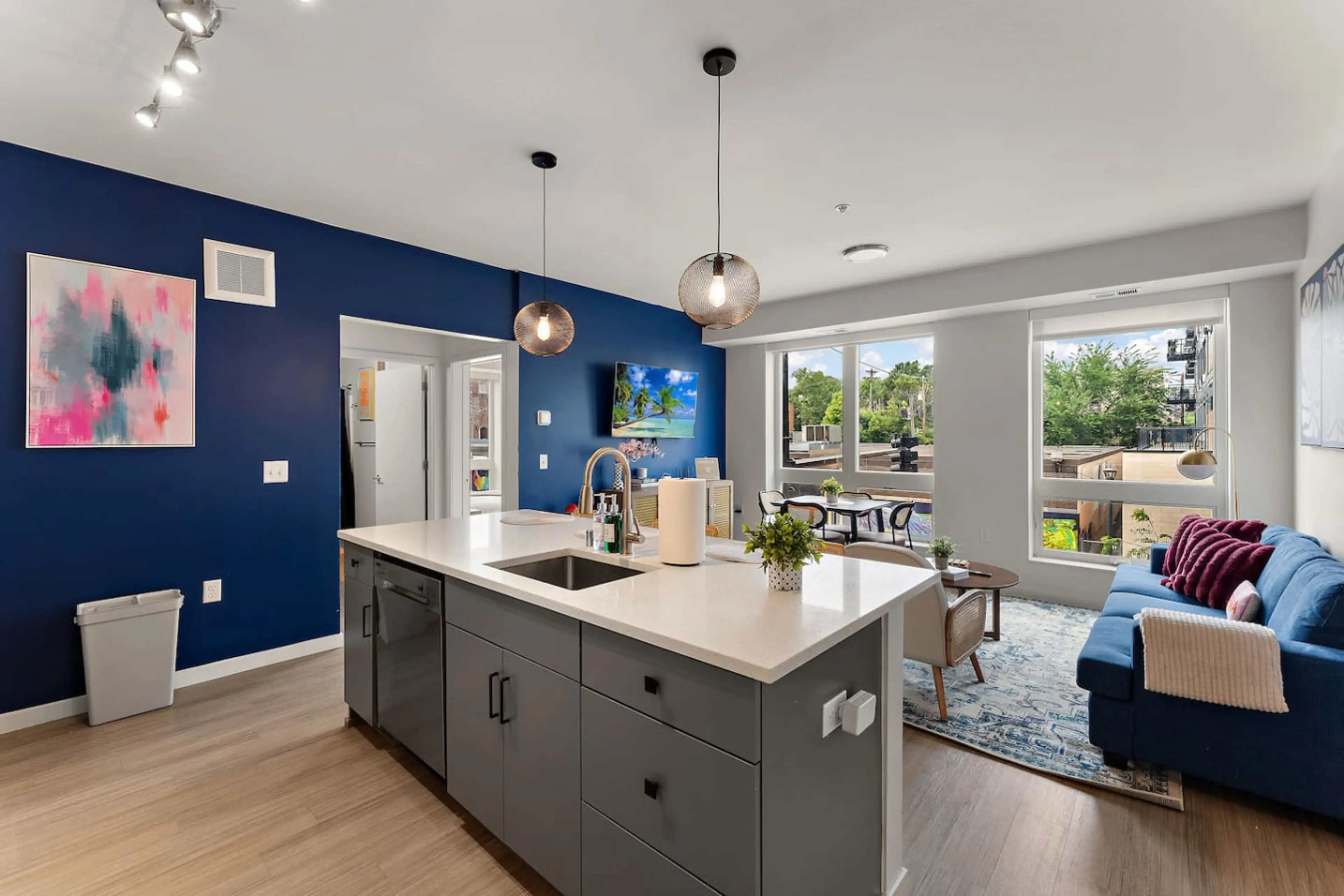 Living Room & Kitchen, Stylish space with vibrant decor, ideal for gatherings and culinary adventures!