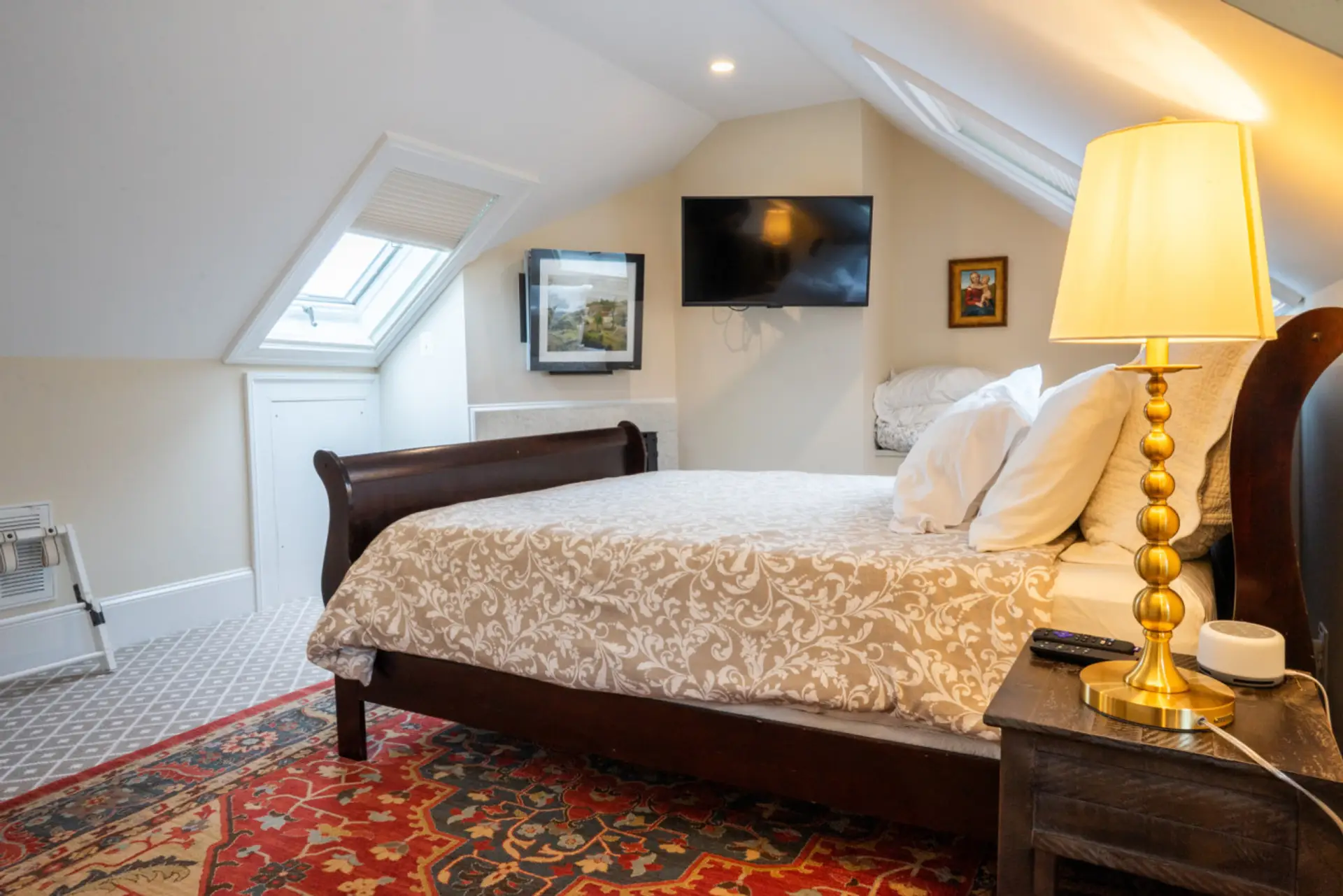 Warm lighting, skylights, and classic furnishings create a peaceful retreat.