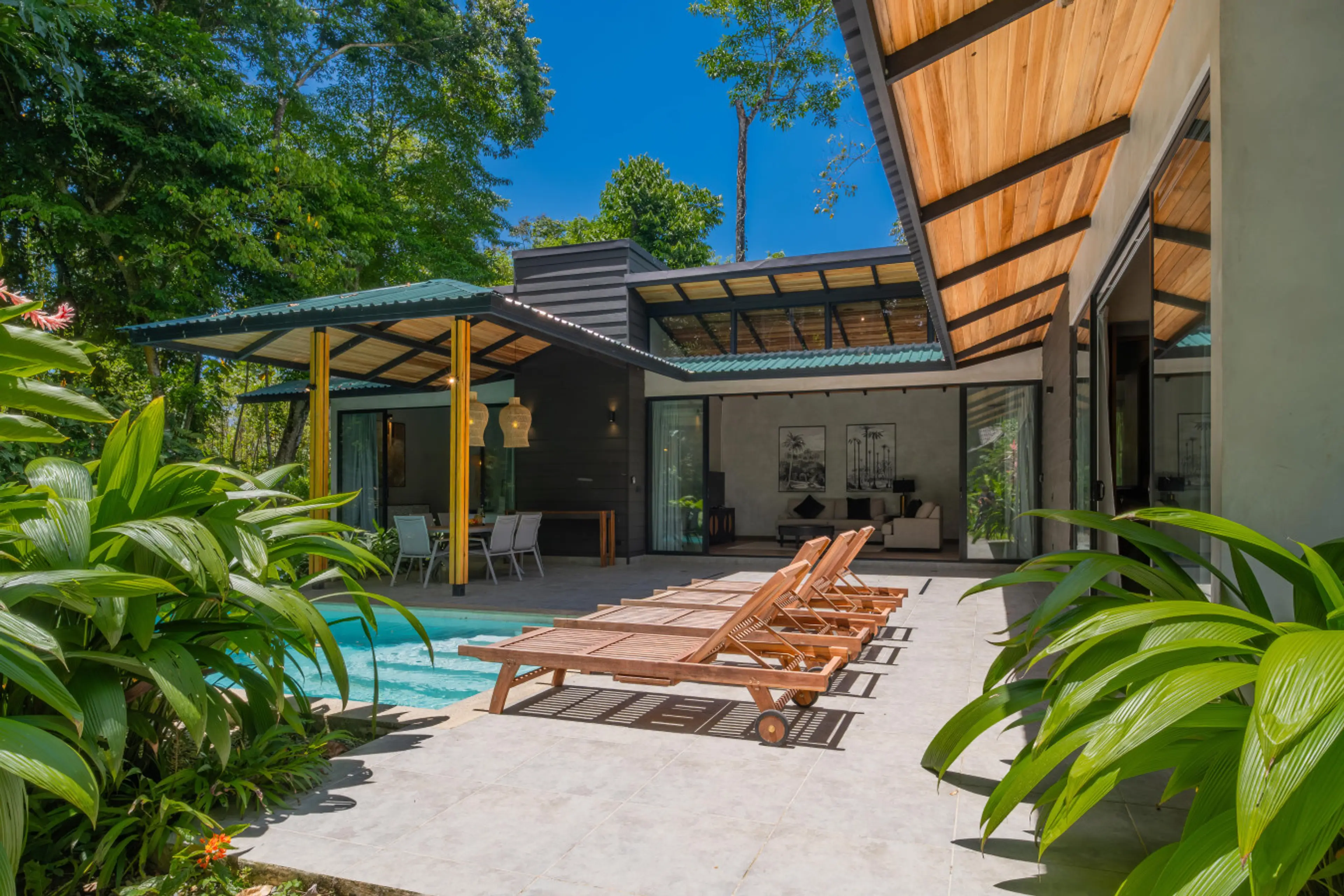 Modern tropical home with private pool surrounded by lush jungle, located on a quiet hillside in Punta Uva, Puerto Viejo.