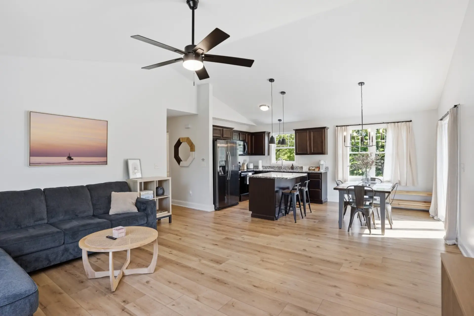 Open living room, kitchen, and dining room
