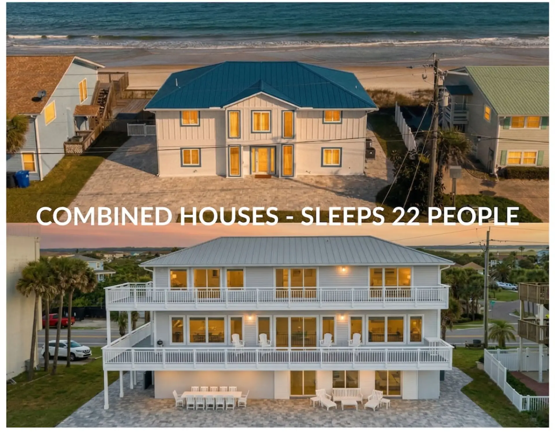 Combined Houses for 22 guests! Blue house is Coastal Therapy, White House is Beach Therapy.