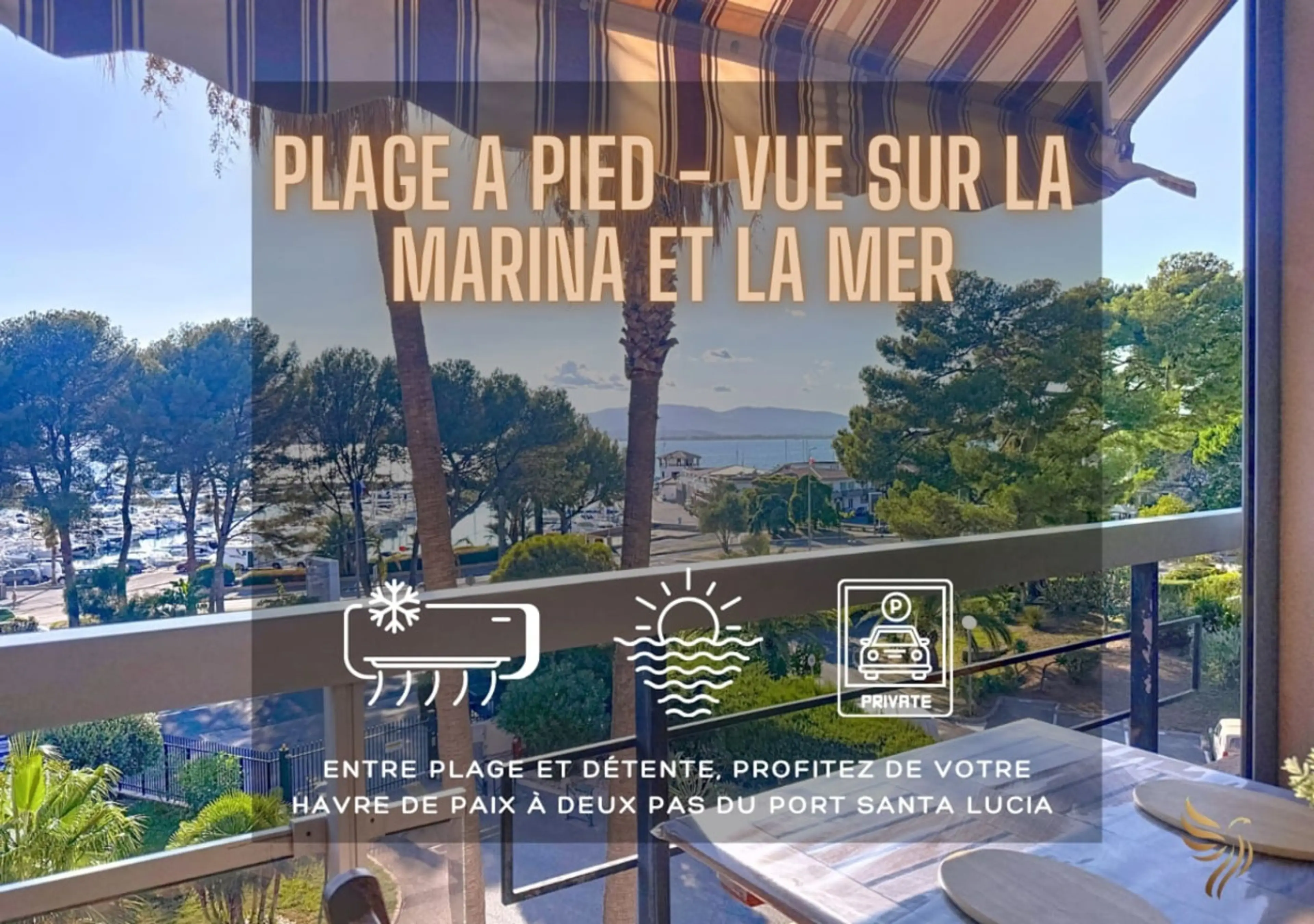 Plage à pied - vue sur la Marina et la Mer