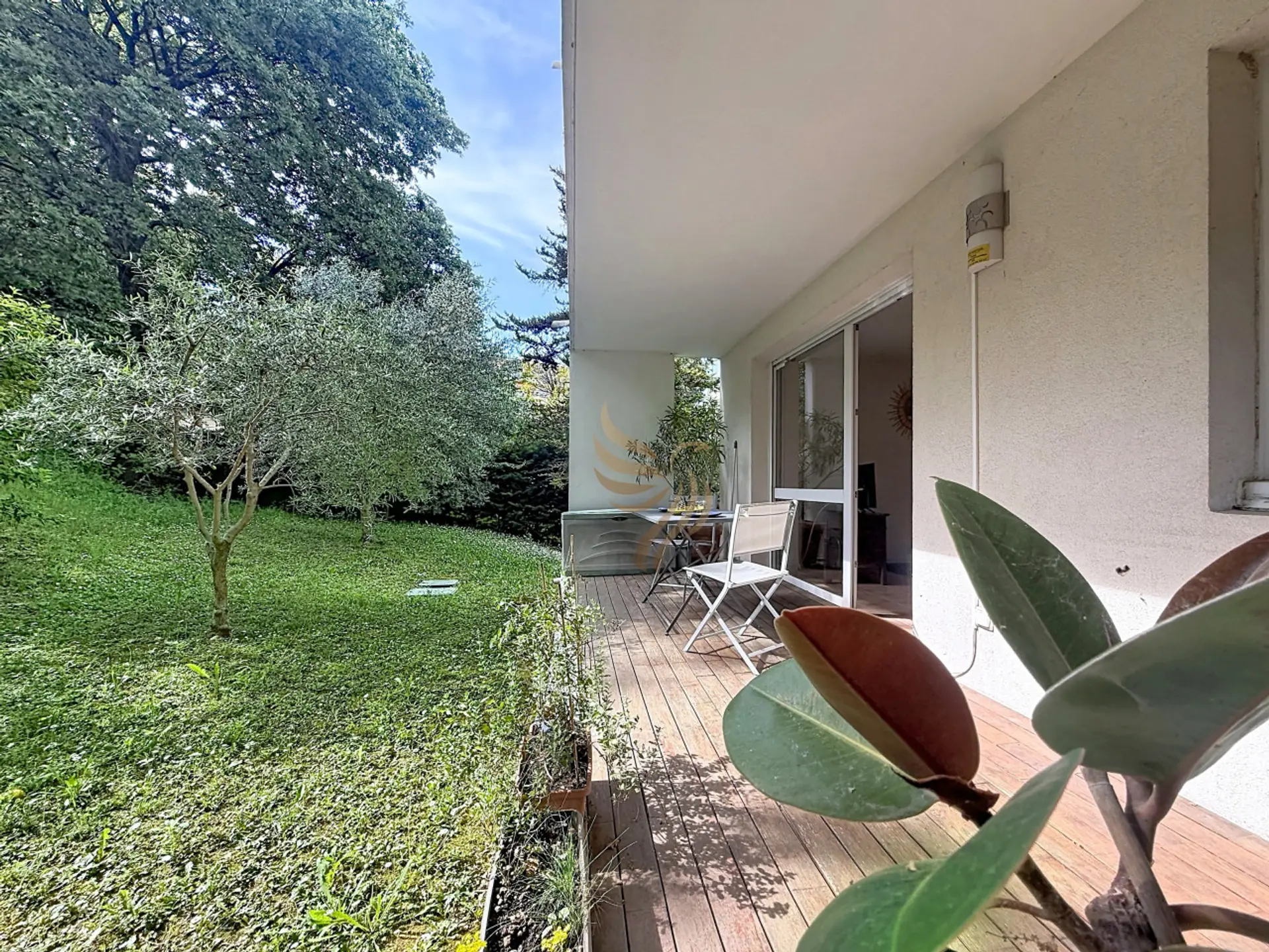 Un matin calme : deux chaises sur la terrasse en bois, un café fumant, le jardin verdoyant et l'olivier en face. Le porche couvert vous enveloppe d'une atmosphère paisible, parfaite pour lire ou se détendre.