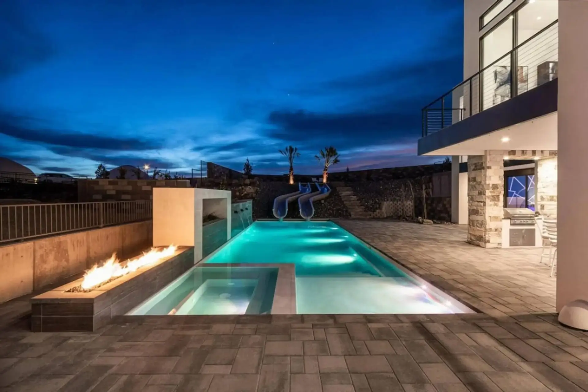 Private Swimming Pool with Fire Feature and Slides