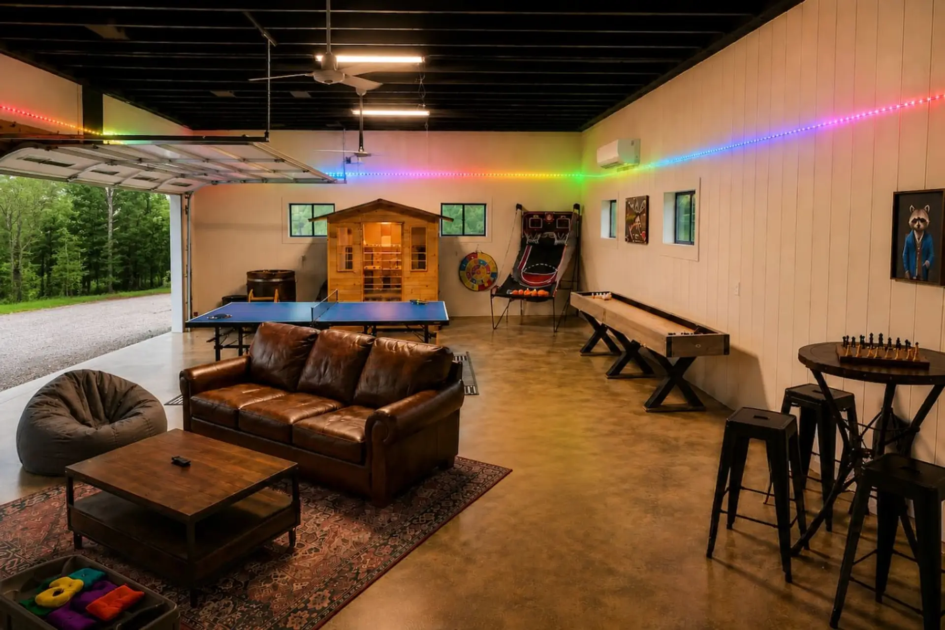 Large entertainment space with ping pong, shuffleboard, arcade basketball, games, and plenty of room to relax.