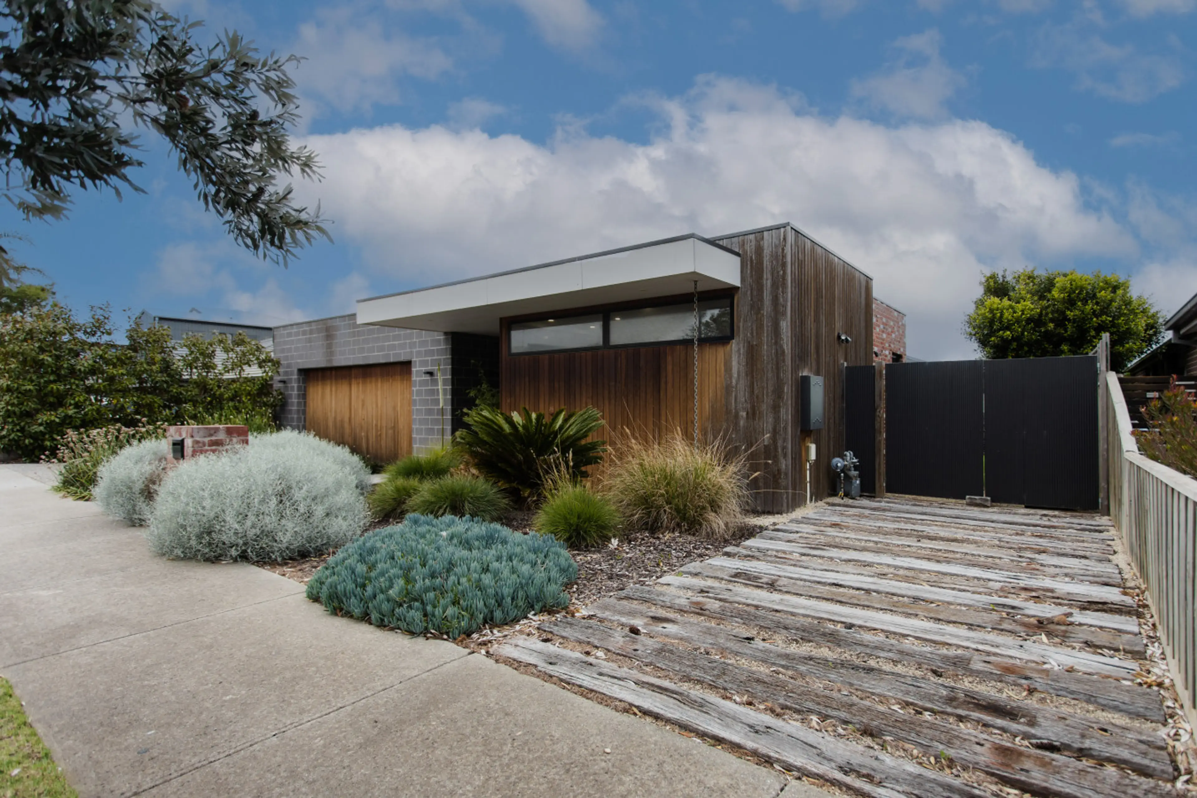 Timber cladding and native plants leading up to the front entrance — great street appeal.