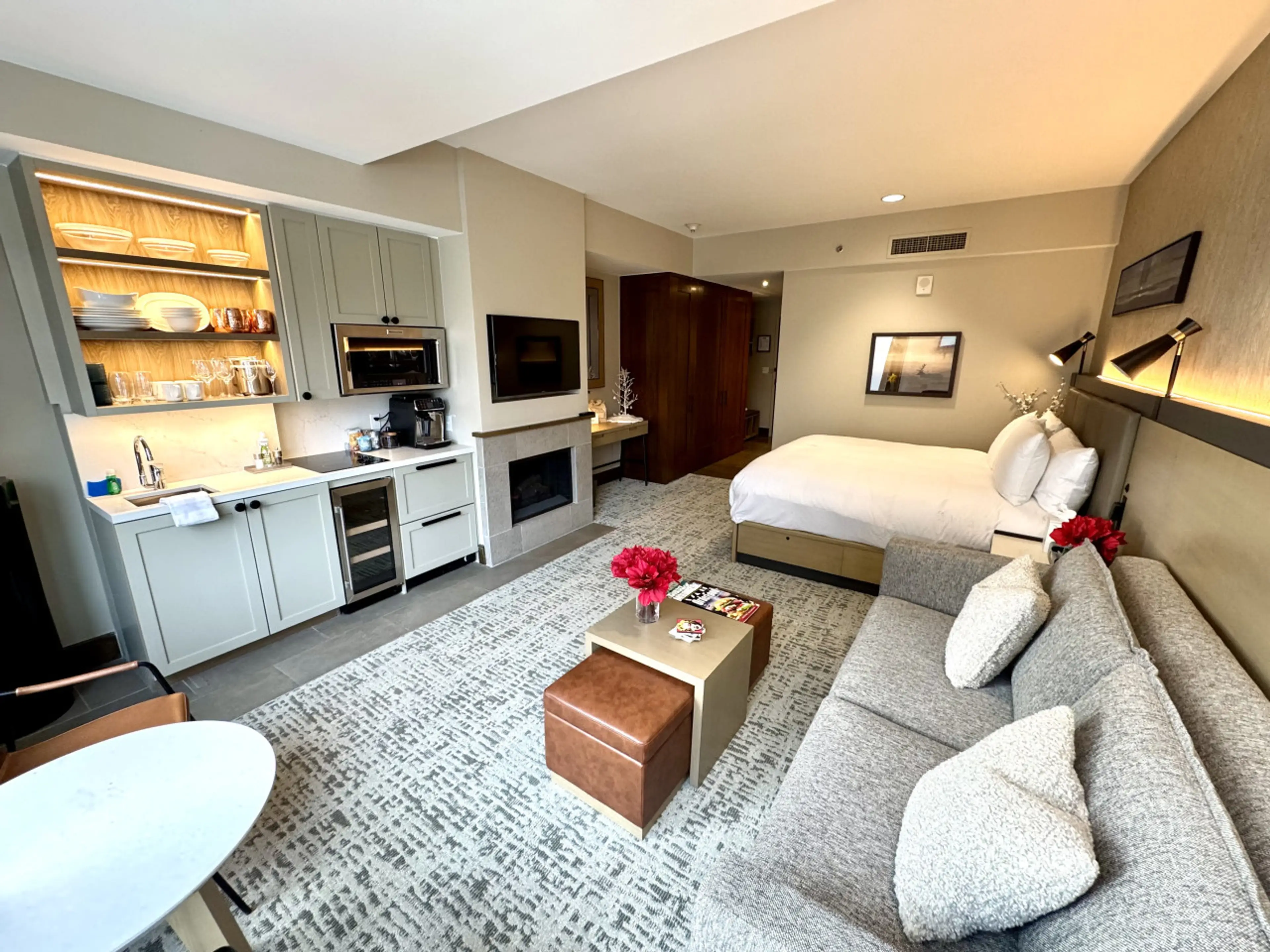 Cozy seating area, with sleeper sofa and dining spot