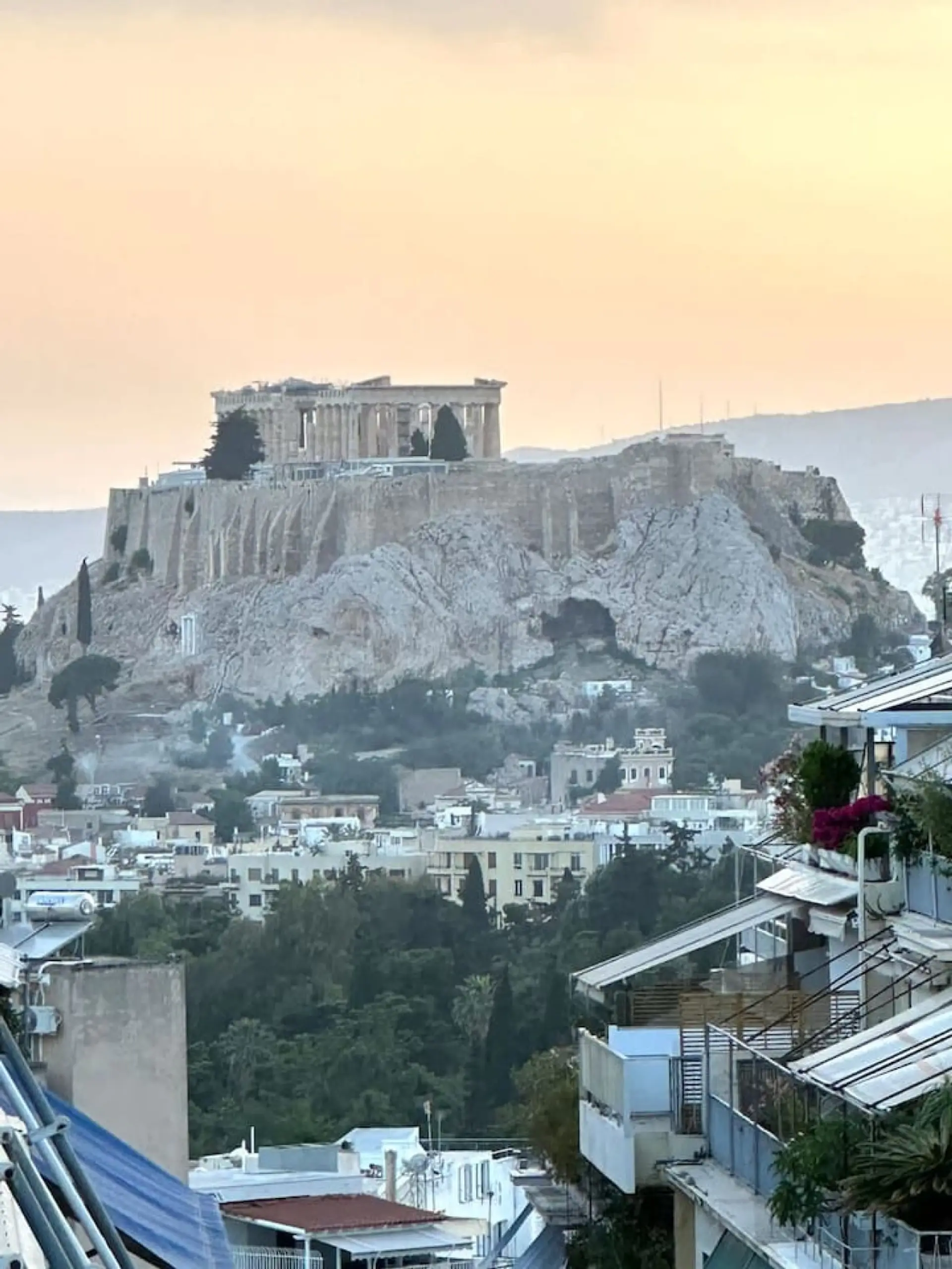 Close up view of the Parthenon (Acropolis) from the North balcony and partly from the dining table