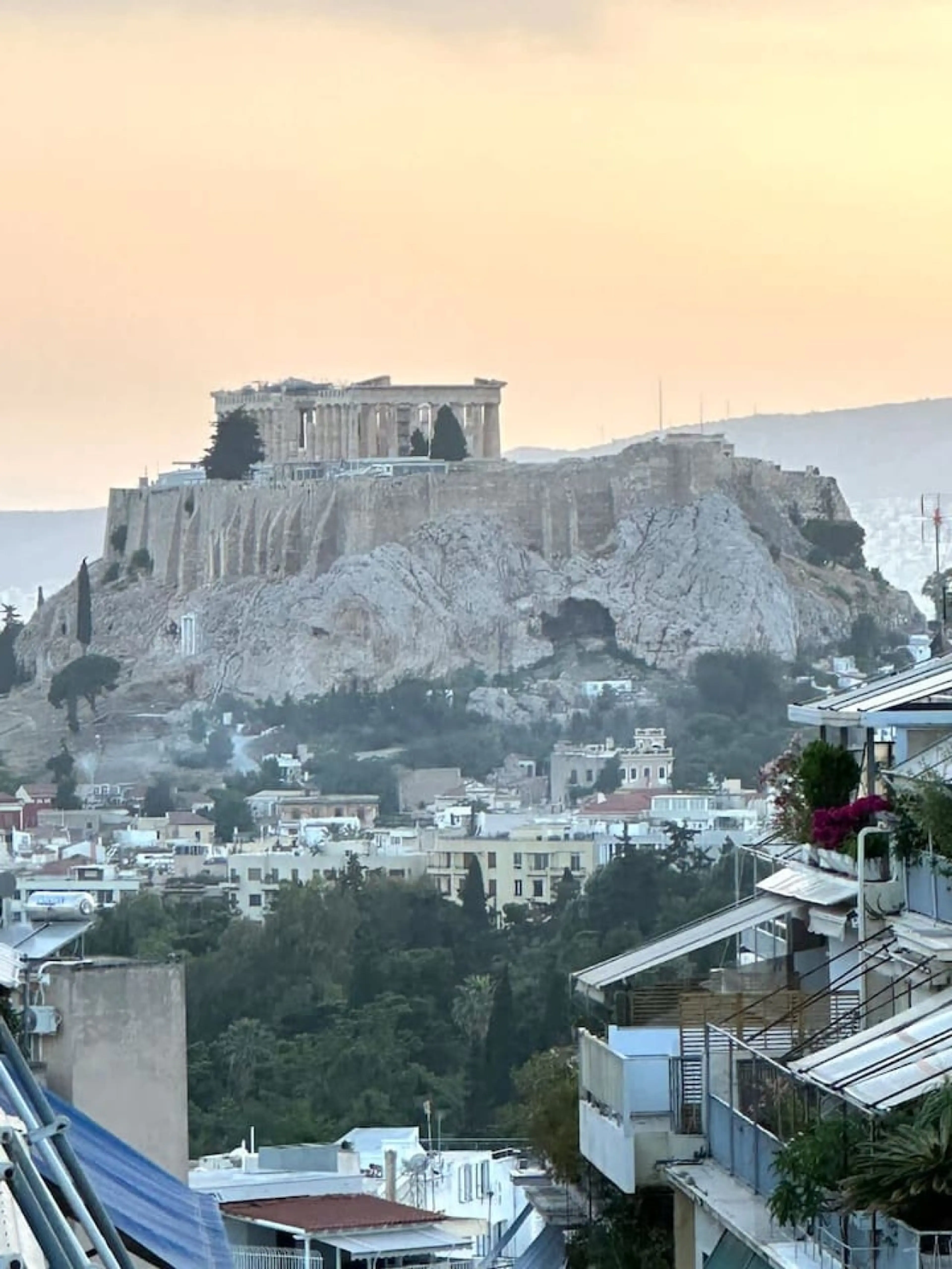 Close up view of the Parthenon (Acropolis) from the North balcony and partly from the dining table