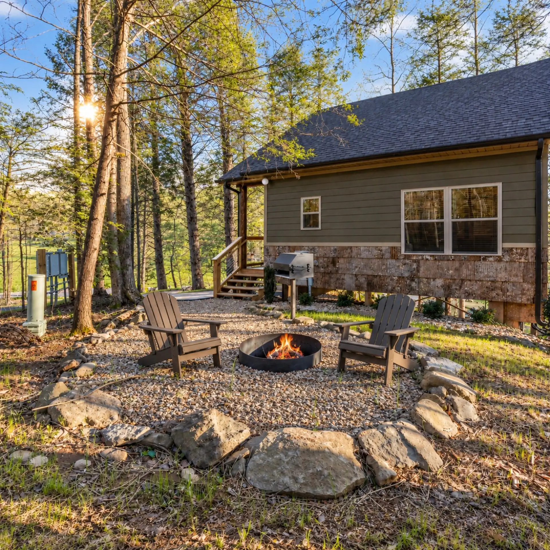 Cozy Cabin Firepit with Adirondack Chairs