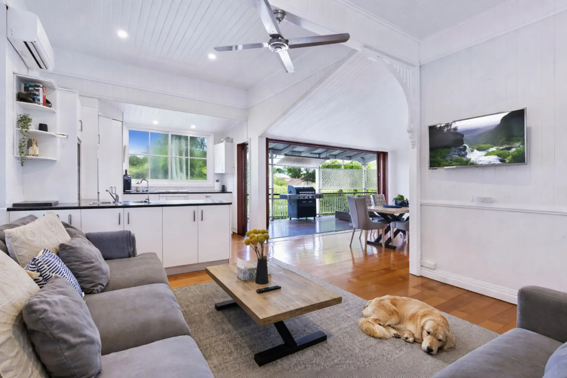 Living room and kitchen area.