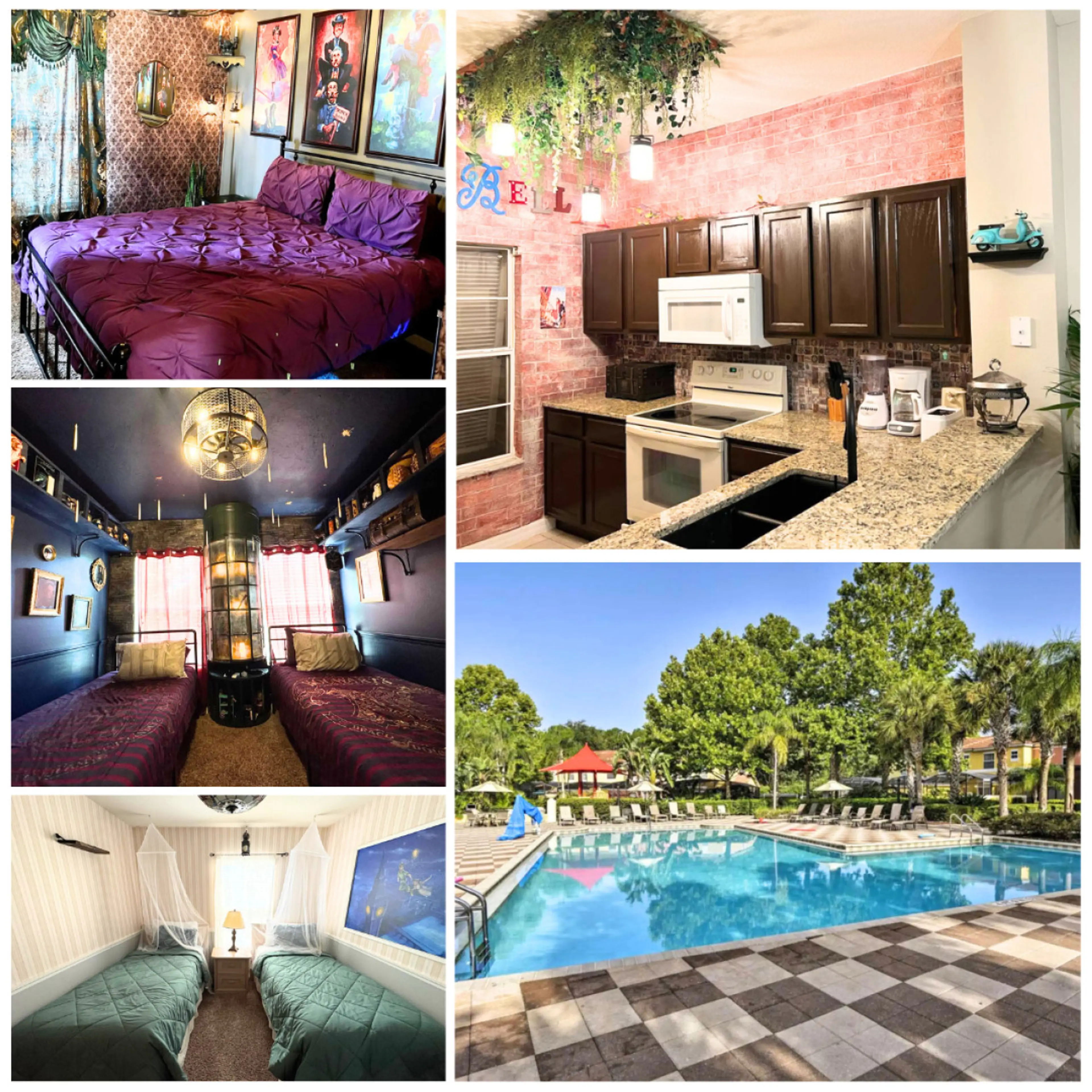 Fun and stylish getaway featuring a themed bedroom, modern kitchen, and access to a relaxing resort-style pool—perfect for families and friends!
