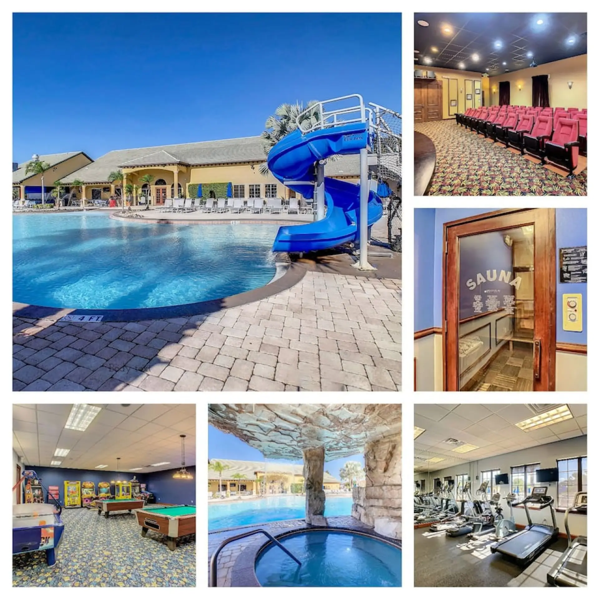 Enjoy resort style amenities including a pool with waterslide, movie theater, sauna, arcade, and fully equipped fitness center—perfect for fun and relaxation