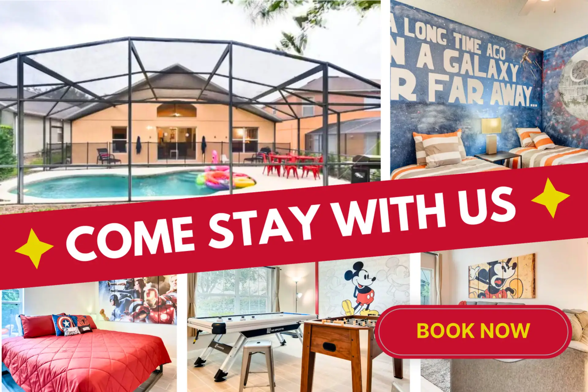 Family-friendly vacation home featuring a private pool and vibrant themed bedrooms for a memorable stay.