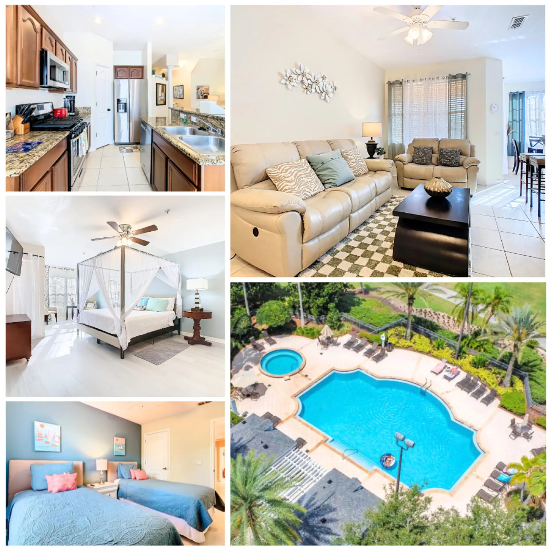 Spacious bedroom with a cozy canopy bed and a view of the refreshing outdoor pool — perfect for a relaxing stay.