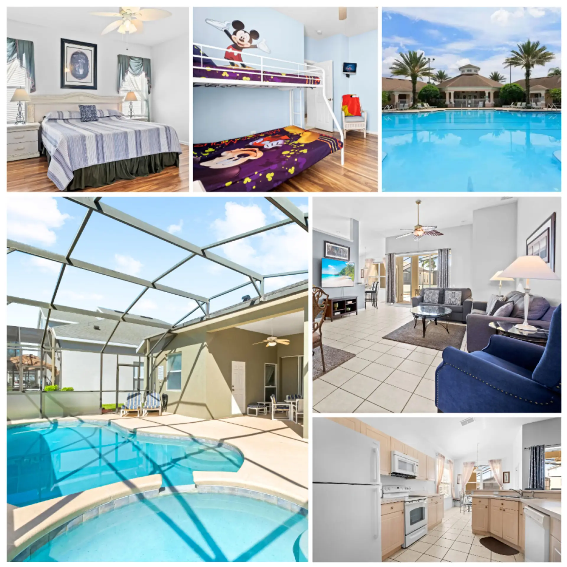 Family-friendly vacation home featuring themed bedrooms, bright living spaces, a fully equipped kitchen, and a private screened pool, with access to a resort-style community pool—perfect for relaxing and creating lasting memories.