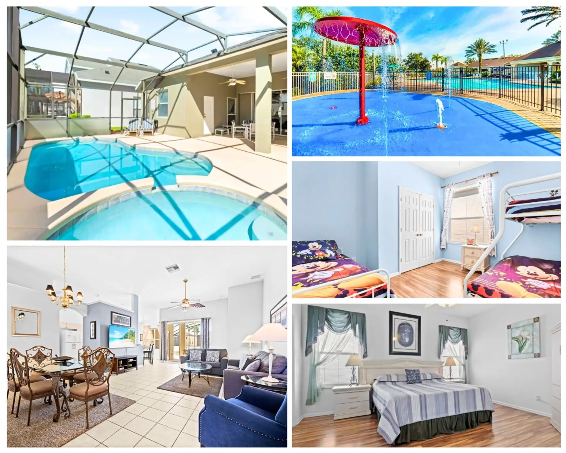 Family-friendly vacation home featuring themed bedrooms, bright living spaces, a fully equipped kitchen, and a private screened pool, with access to a resort-style community pool—perfect for relaxing and creating lasting memories.