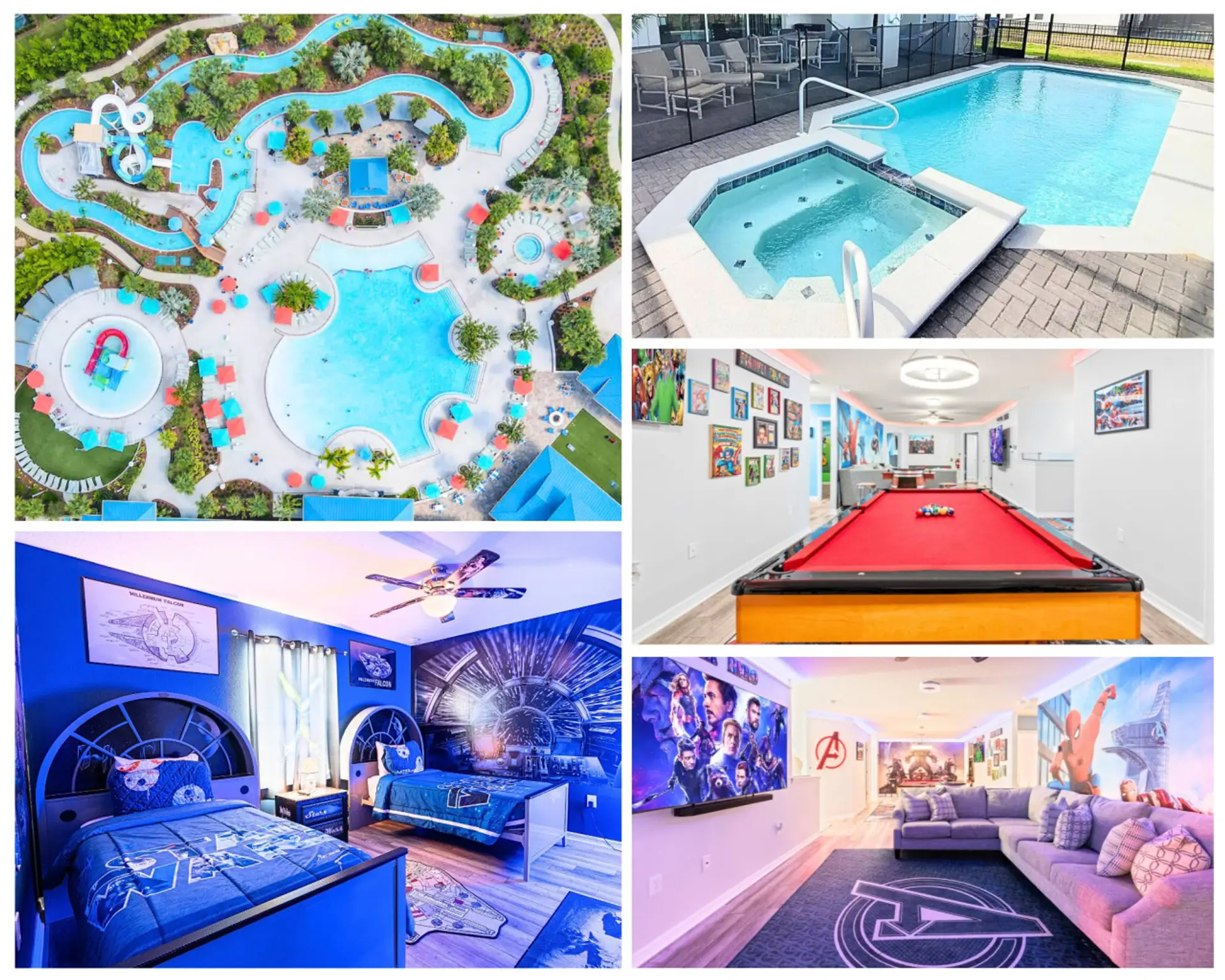 Family-friendly resort with pools, game room, movie lounge, and themed bedrooms.