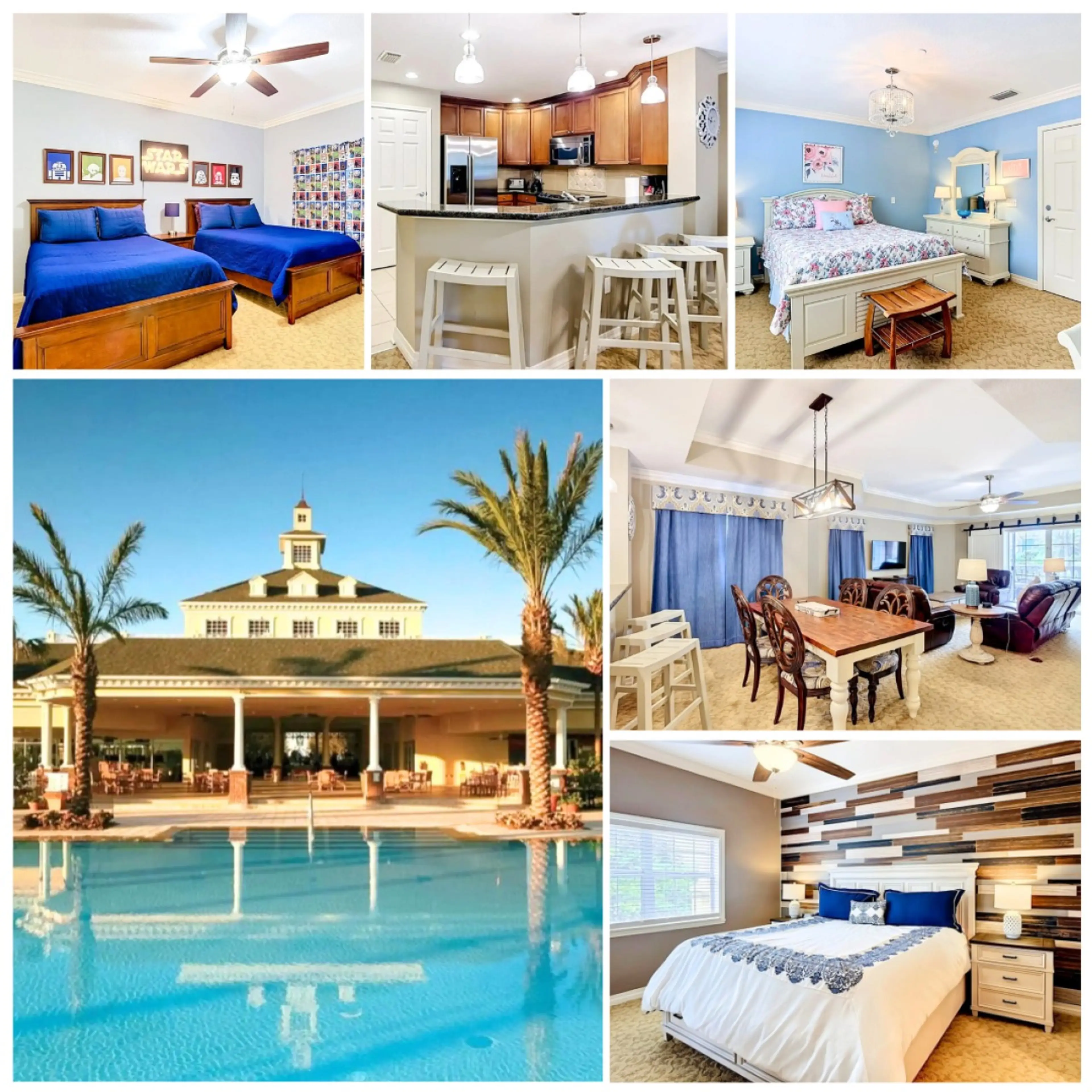 Family-friendly accommodations with comfortable bedrooms, a full kitchen, cozy living spaces, and resort-style pool