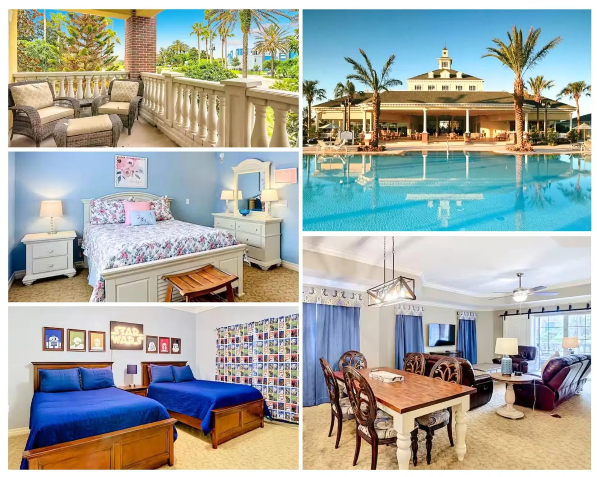 Family-friendly accommodations with comfortable bedrooms, a full kitchen, cozy living spaces, and resort-style pool