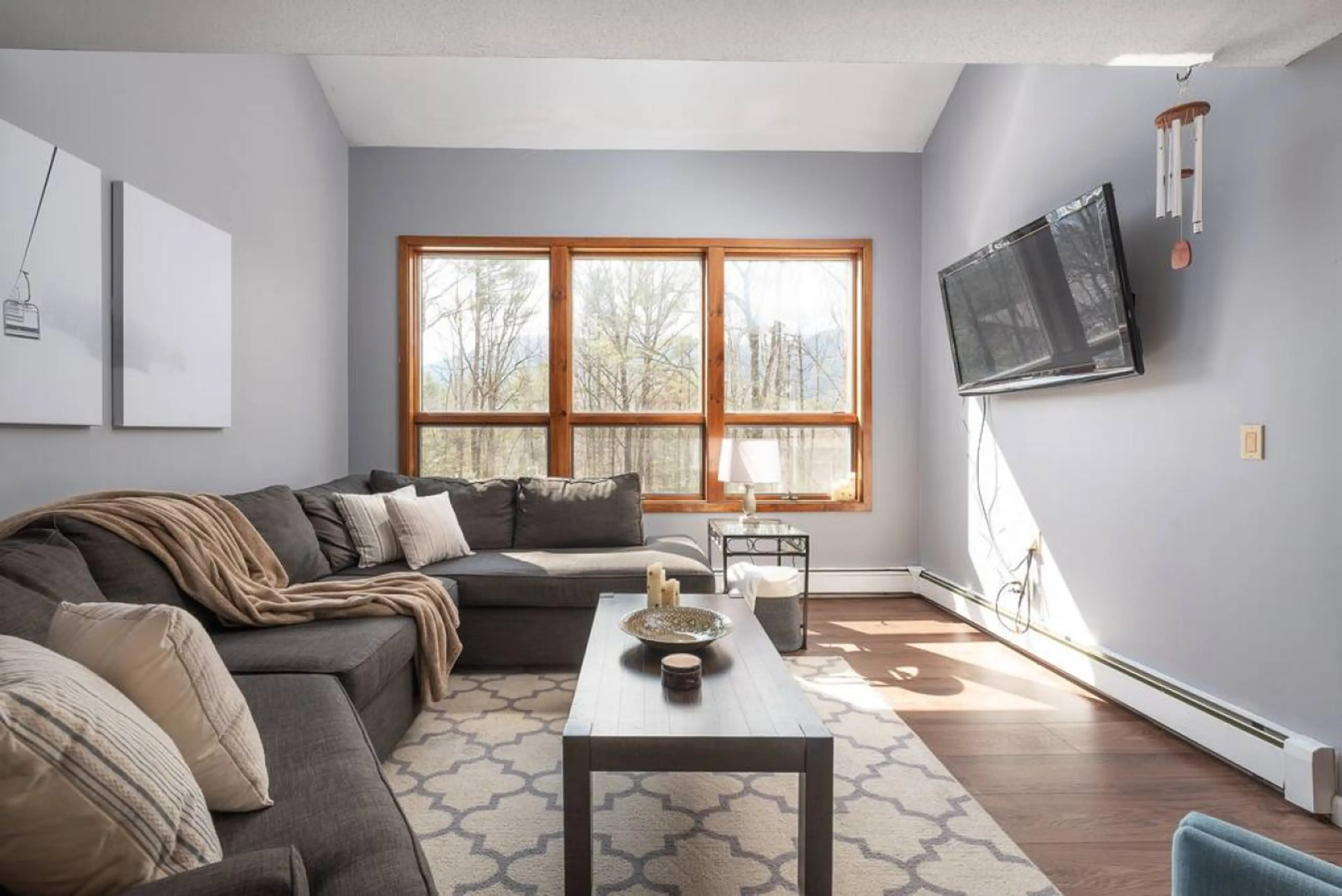 Living Room with large windows and tons of natural light. Smart TV.