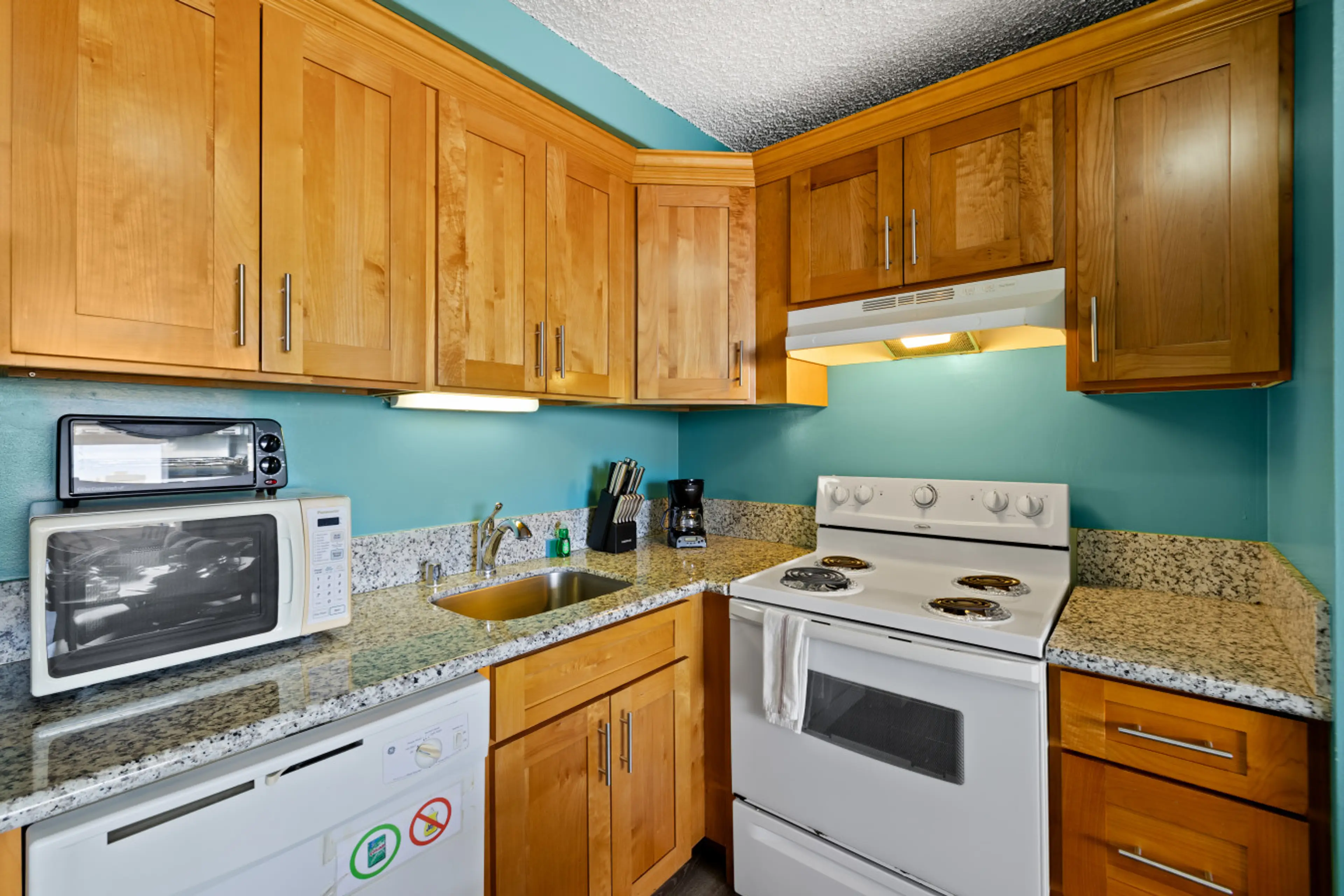 Kitchen: microwave, sink, stove, oven