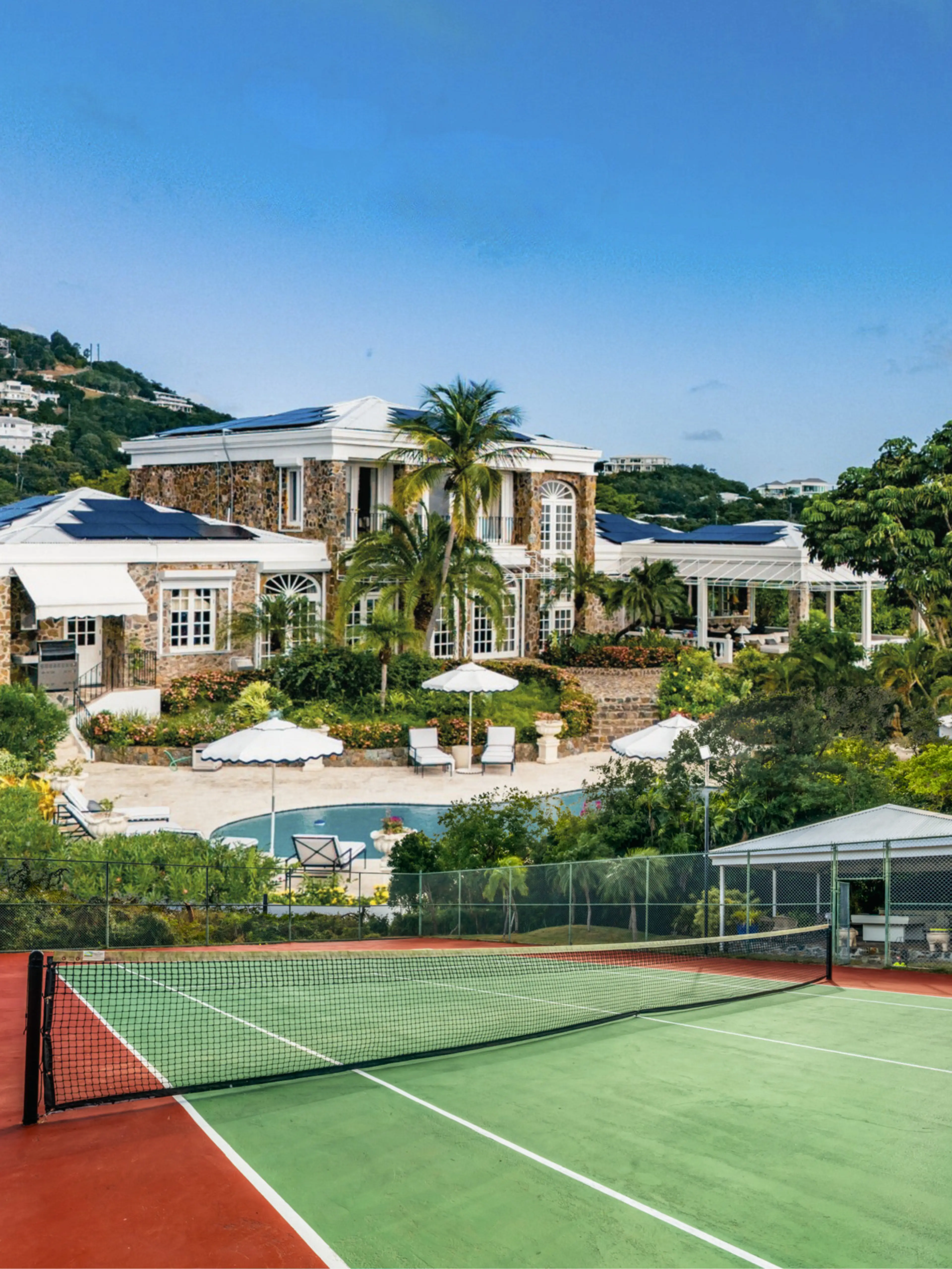 A collage of the main house and the tennis court