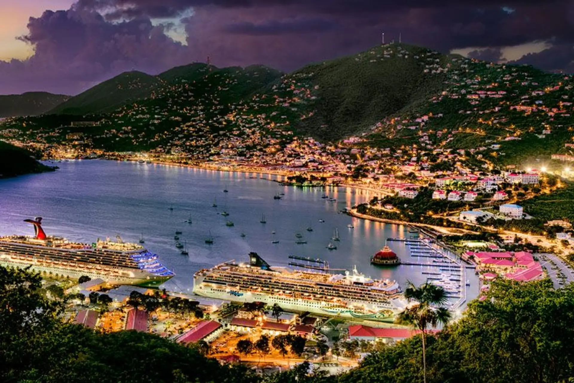 View of harbor at sunset