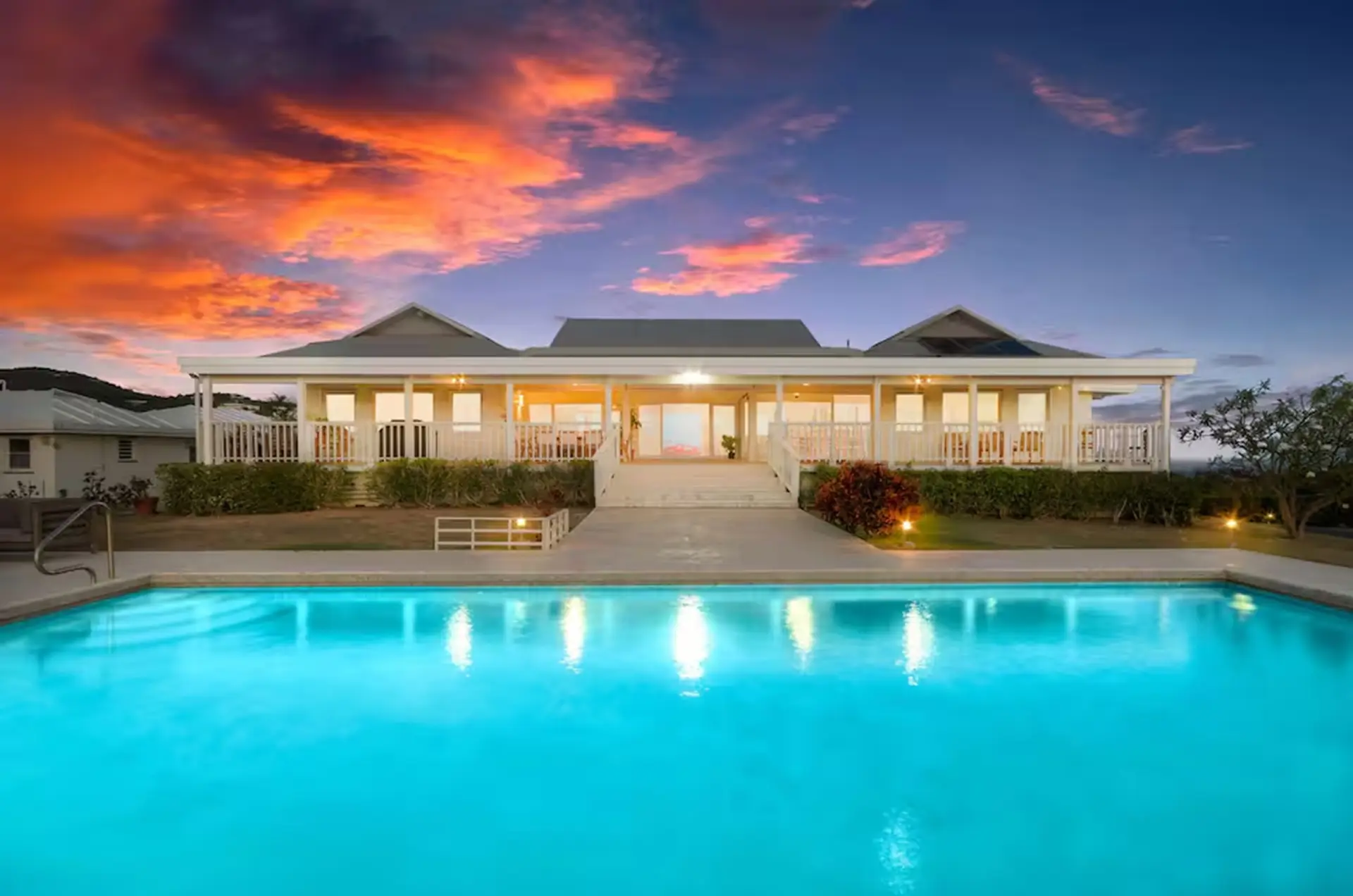 Pool and deck at sunset