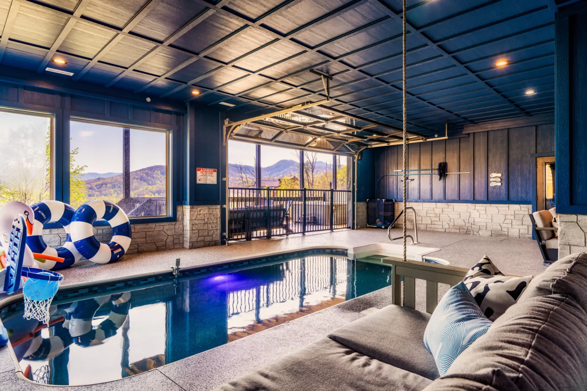 Spacious indoor/outdoor pool room with views!