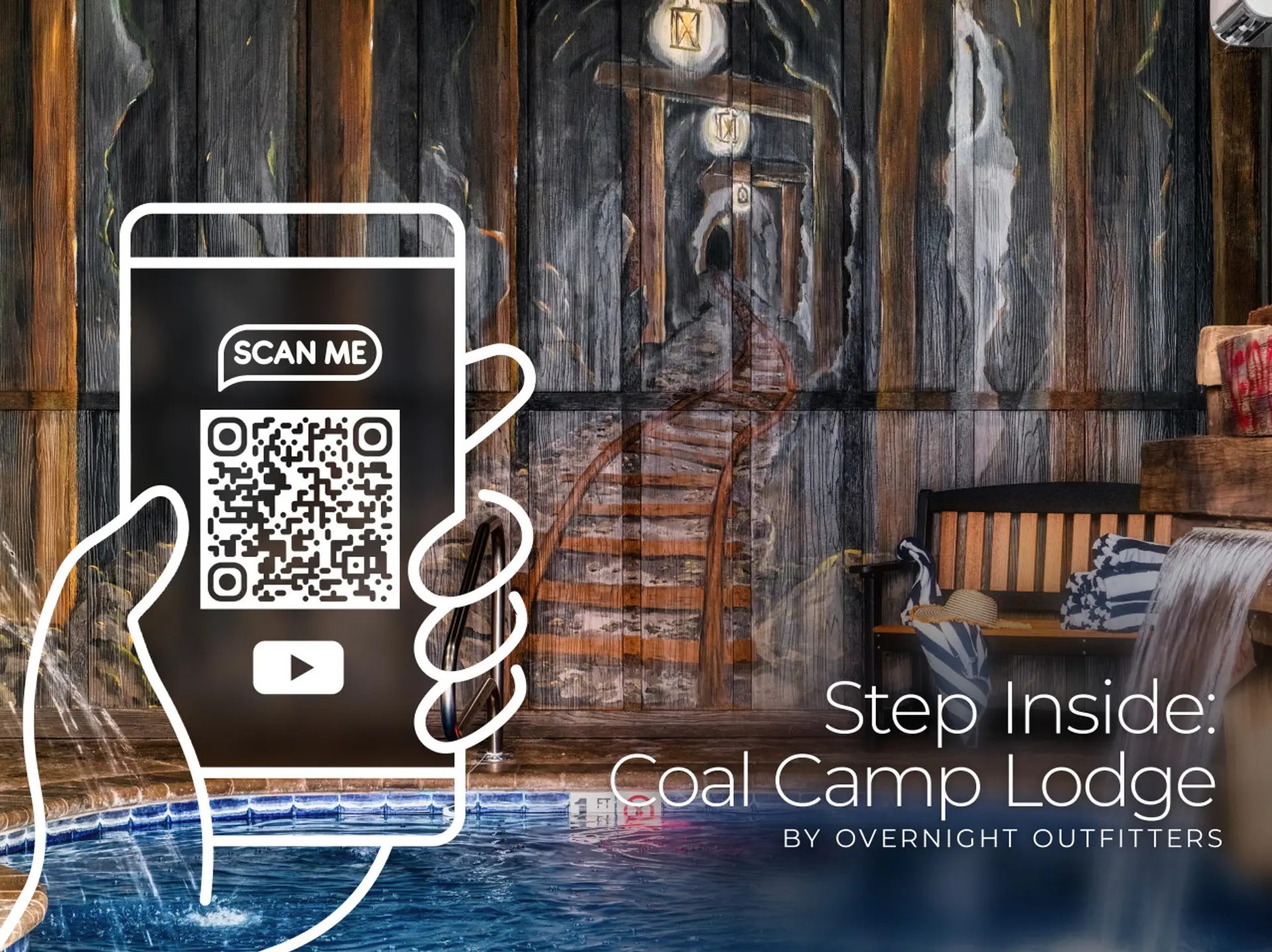 Scan the QR code or hold the QR code down for a tour of Coal Camp Lodge!
